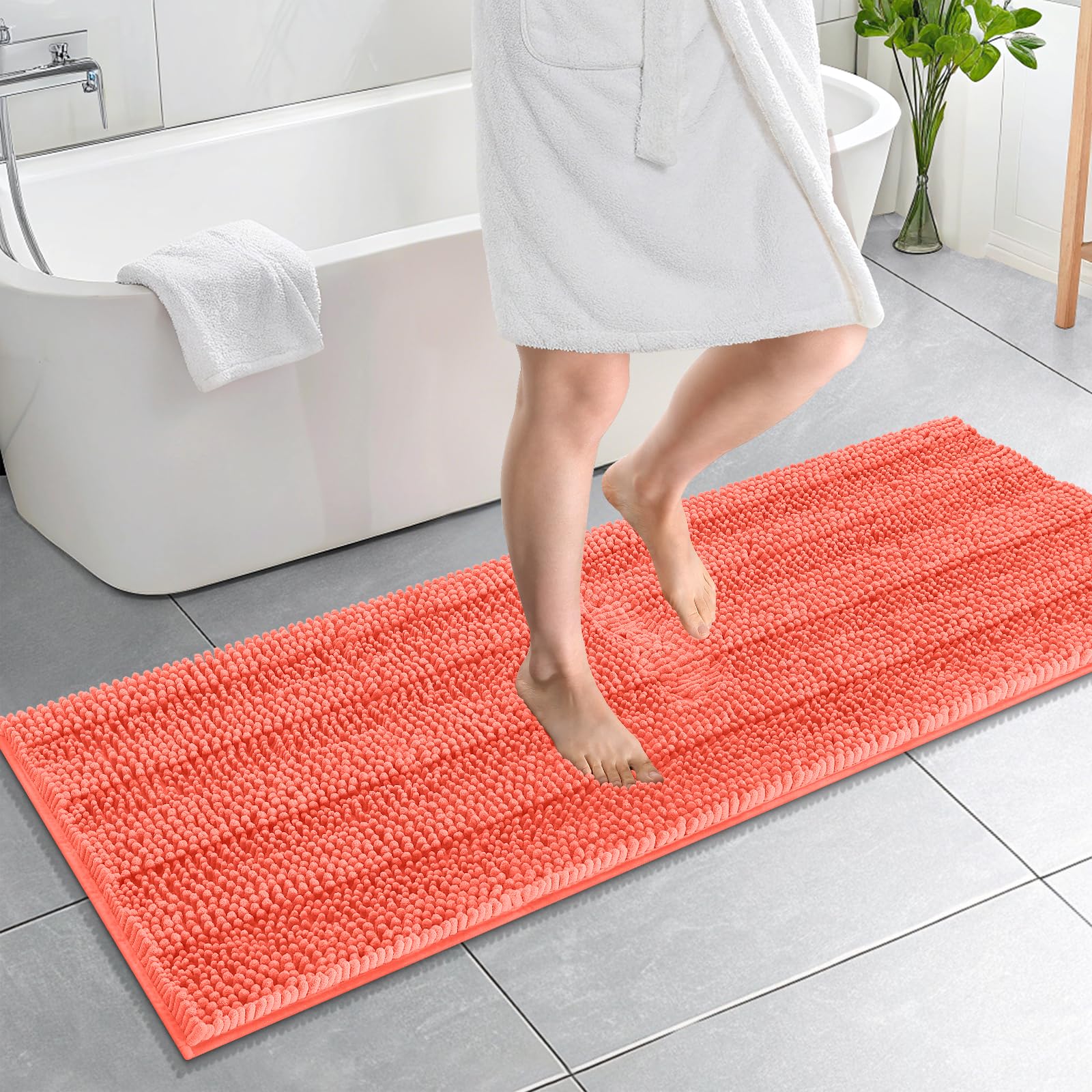 OLANLY Thick Bathroom Runner Rugs 59x20, Chenille Long Bath Rugs, Coral