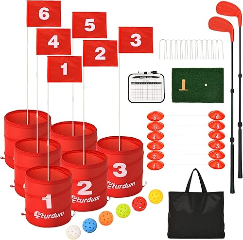 Juego de cubo de golf portátil para patio, paquete de 6 agujeros y 2 palos de golf para adultos, familia, niños, juego de práctica en interiores y