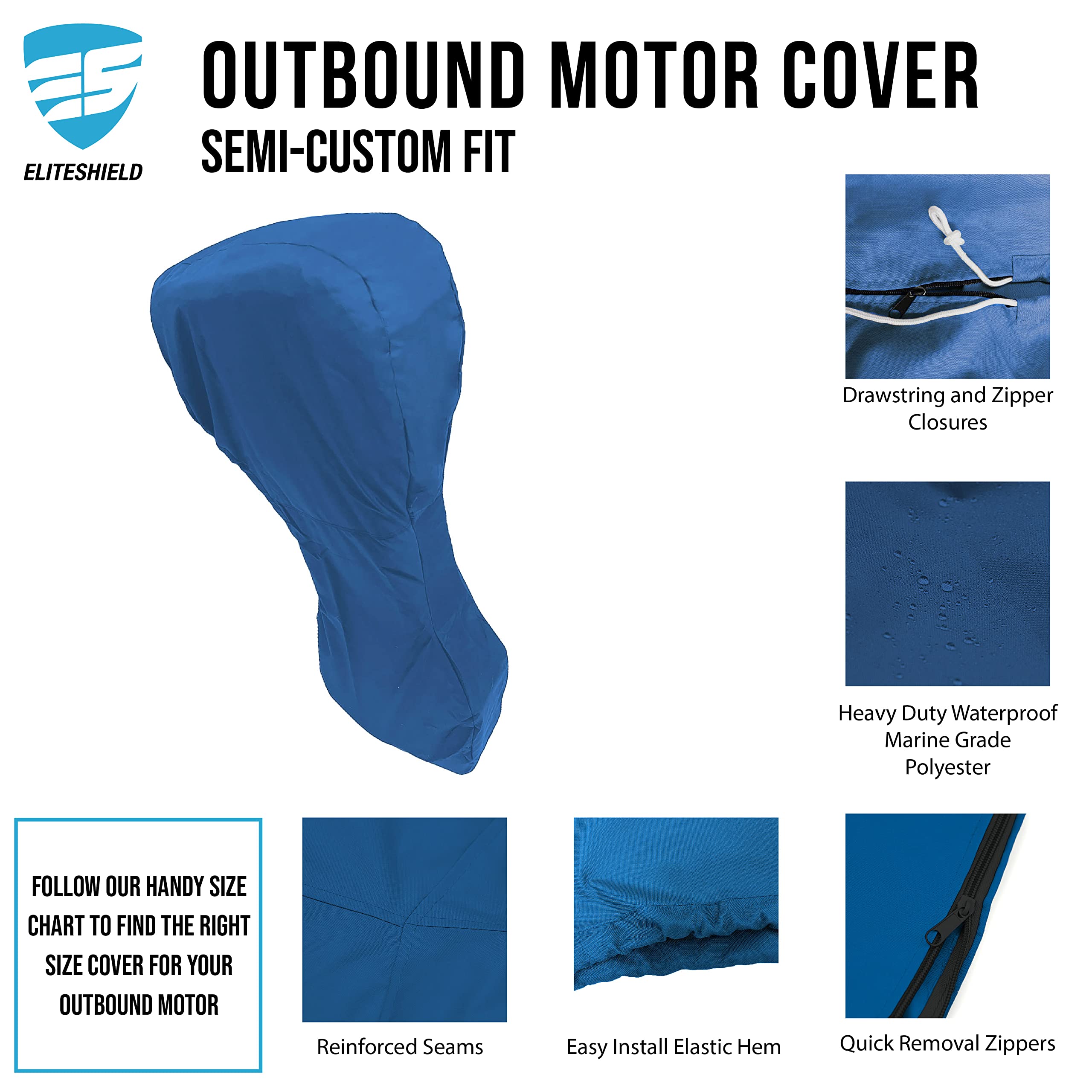 EliteShield Boat Engine Full Outboard Motor Cover CIR: Up to 53 Inches Width x Height Up to 41 Inches May fit 8-10 HP Blue
