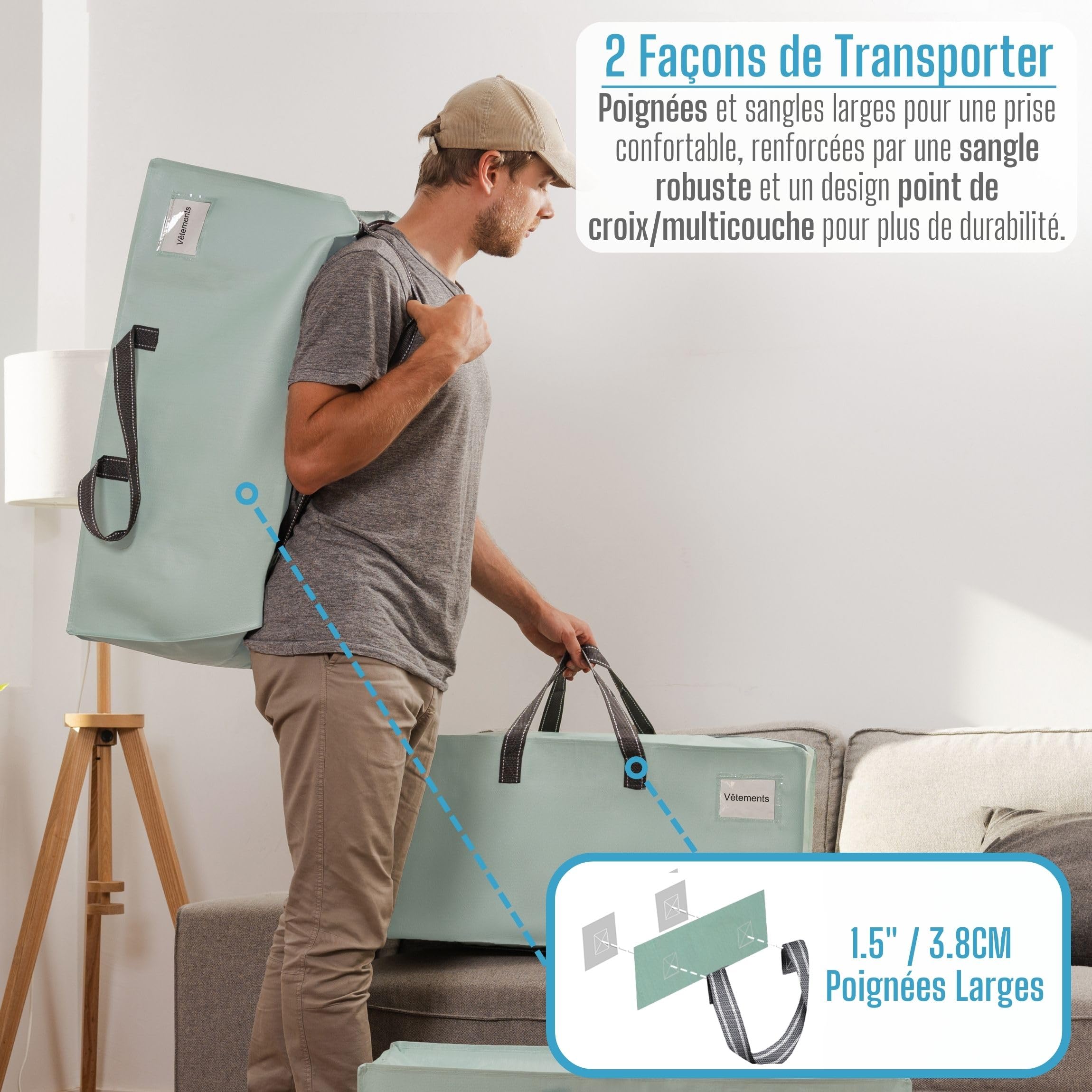 Grand sac à linge solide en forme de boîte en plastique avec fermeture éclair pour voyage, déménagement, rangement solide