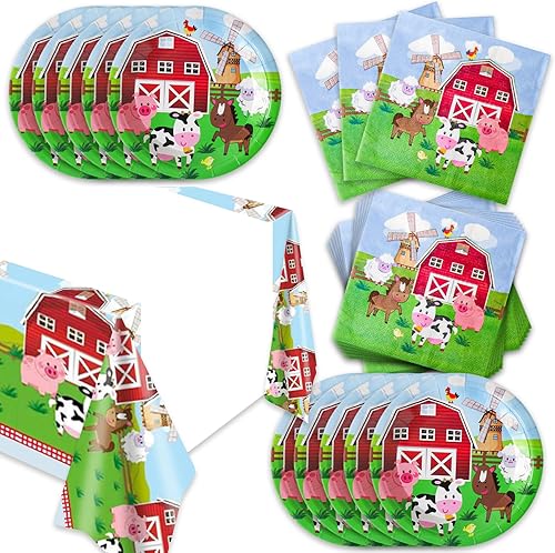 41 suministros de fiesta de granja, incluye 20 platos, 20 servilletas y 1 mantel, utilizado para decoración de fiesta de cumpleaños de la granja de