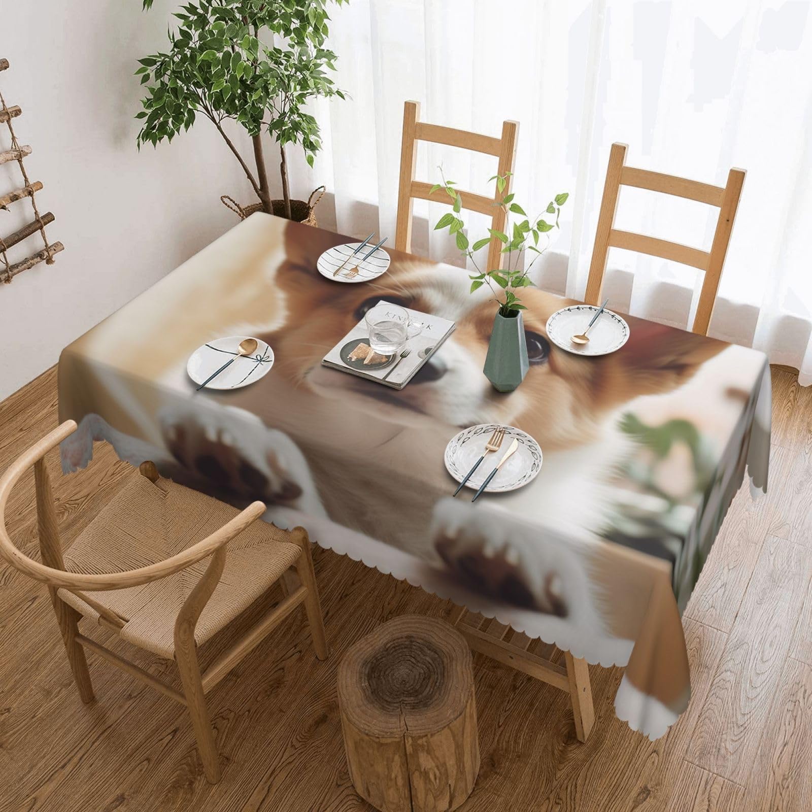WPKJU Cute Corgi Cartoon Printed Rectangle Tablecloth 72x54 Inch with Lace Trim, Water-Resistant Washable Table Cover for Farmhouse Weddings, Outdoor Picnics & Holiday Dining