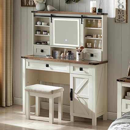 T4TREAM Farmhouse Makeup Vanity Desk with Sliding Mirror and Lights, 42'' Glass Tabletop Vanity Table with 2 Drawers & Shelves, Rustic Big Vanity Set for Bedroom, Antique White