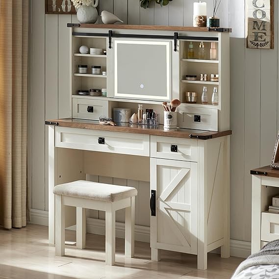 T4TREAM Farmhouse Makeup Vanity Desk with Sliding Mirror and Lights, 42'' Glass Tabletop Vanity Table with 2 Drawers & Shelves, Rustic Big Vanity Set for Bedroom, Antique White
