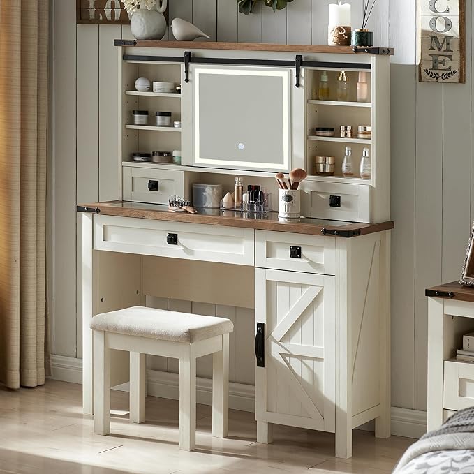 T4TREAM Farmhouse Makeup Vanity Desk with Sliding Mirror and Lights, 42'' Glass Tabletop Vanity Table with 2 Drawers & Shelves, Rustic Big Vanity Set for Bedroom, Antique White