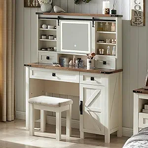 T4TREAM Farmhouse Makeup Vanity Desk with Sliding Mirror and Lights, 42'' Glass Tabletop Vanity Table with 2 Drawers & Shelves, Rustic Big Vanity Set for Bedroom, Antique White