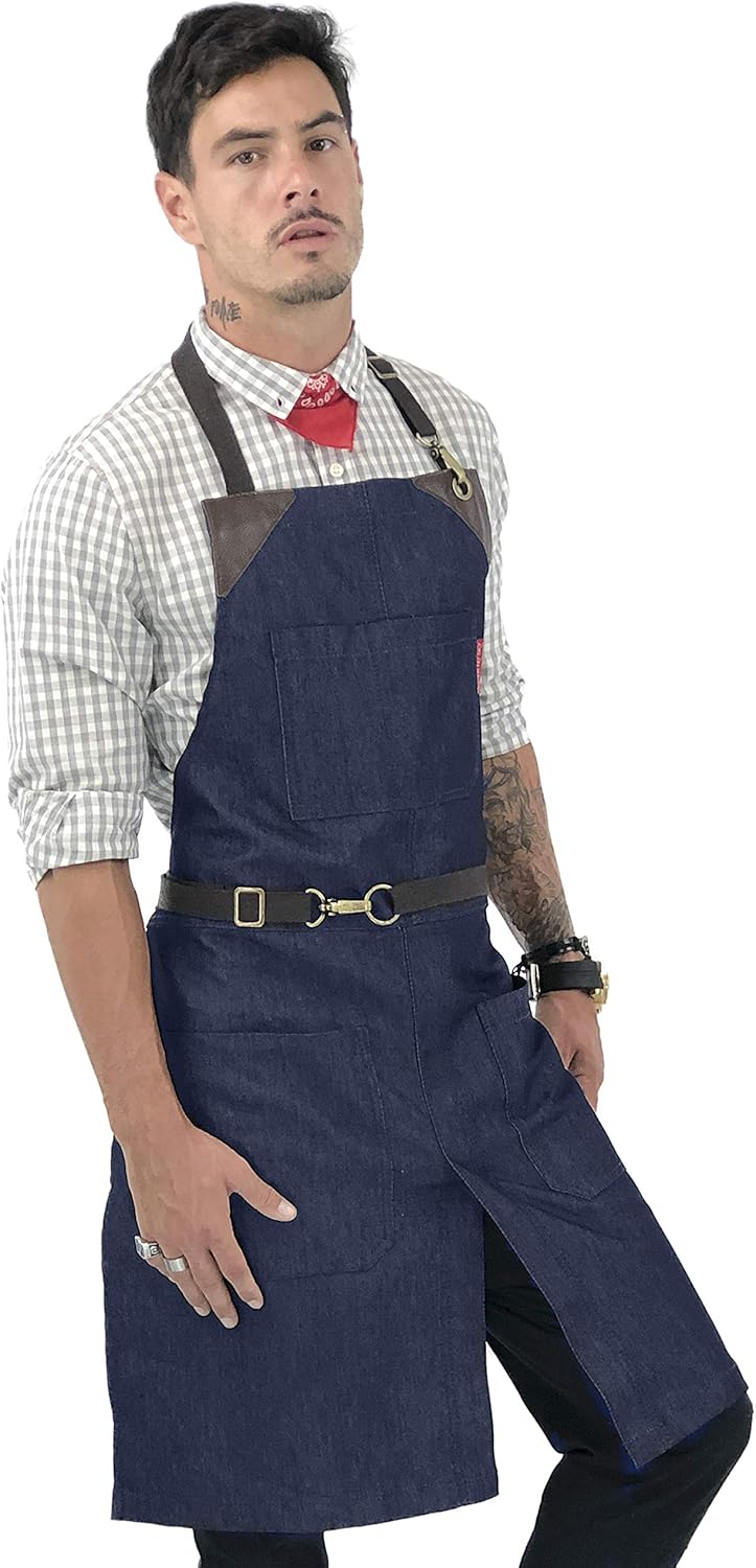 Preferential Under Ny Sky No Tie Graphite Jeans Apron Durable Denim Leather Reinforcement Split Leg Adjustable For Men And Women Pro Chef Barista Bartender Baker Stylist Tattoo Artist Server Aprons Kitchen Halloween Baking Championship 2022 & Atmbol On Apron