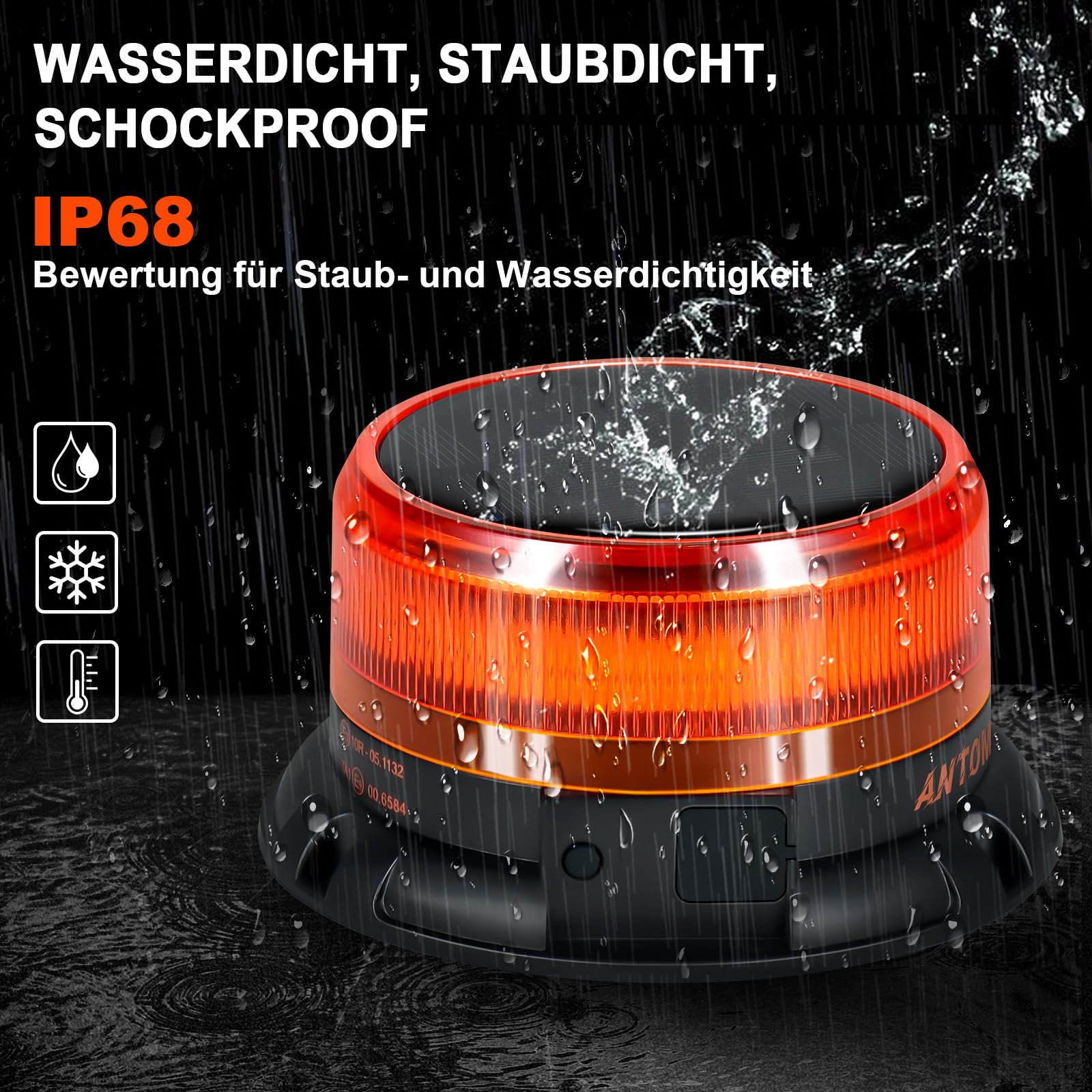 AnTom Rundumleuchte Akku Solarenergie mit 9 Blitzmustern, 12V 24V Gelb Warnleuchte LED Magnet mit Kabel und USB-Kabel für Auto, LKW, Traktor, Golfwagen, SUV，Notfallfahrzeuge und Baustellen