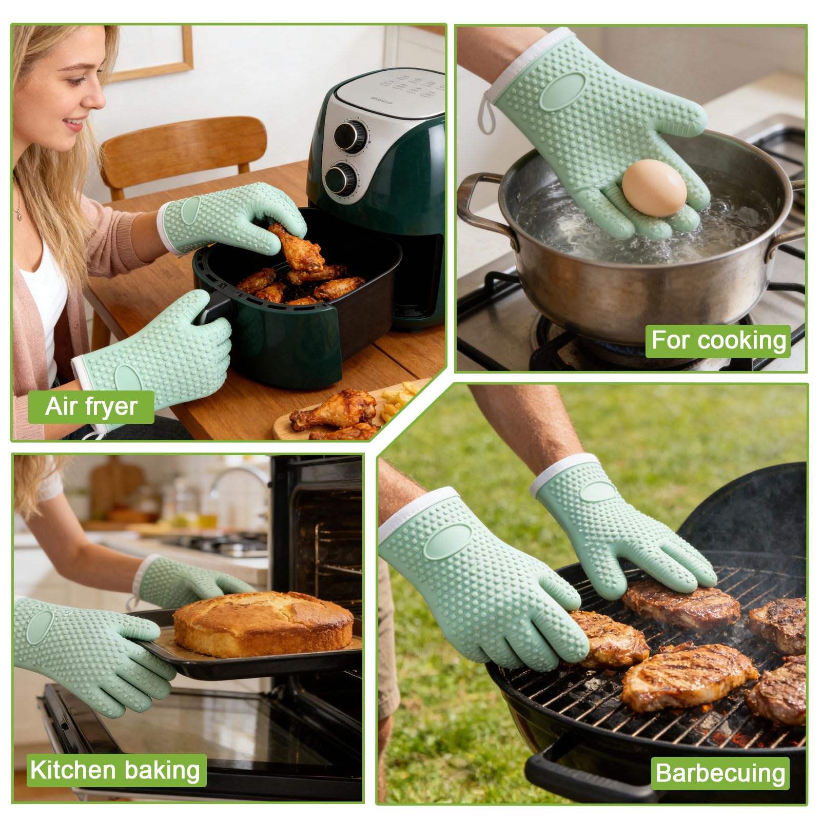 Silikon Ofenhandschuhe mit Fingern, Ofenhandschuhe Hitzebeständig für Küche, wasserdichte & rutschfeste Ofenhandschuhe zum Backen, Kochen, Grillen und BBQ (Schwarz)