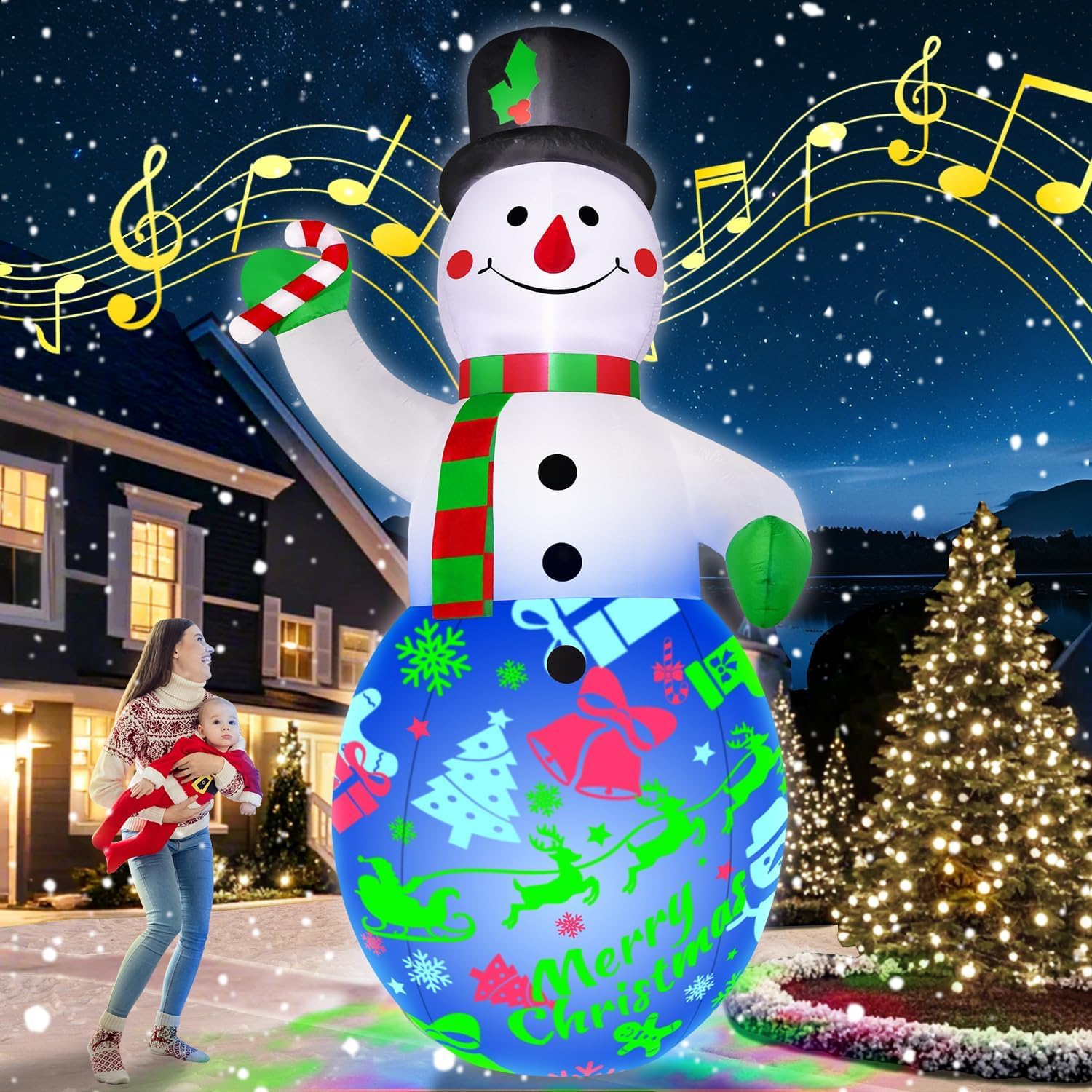 12FT Giant Christmas Inflatables Decorations Snowman Built-in Music & 360° Rotation 3-Color LED Lights, Huge Christmas Blow Up Yard Decoration Outdoor for Xmas Garden New Year