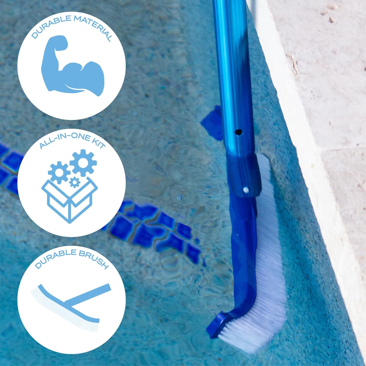 6 Piece Pool Cleaning Kit - 16" Leaf Rake, 12" Leaf Skimmer, 18" Pool Brush, 4FT Telescopic Aluminum Pole & Standard Chlorine Dispenser - for Pools
