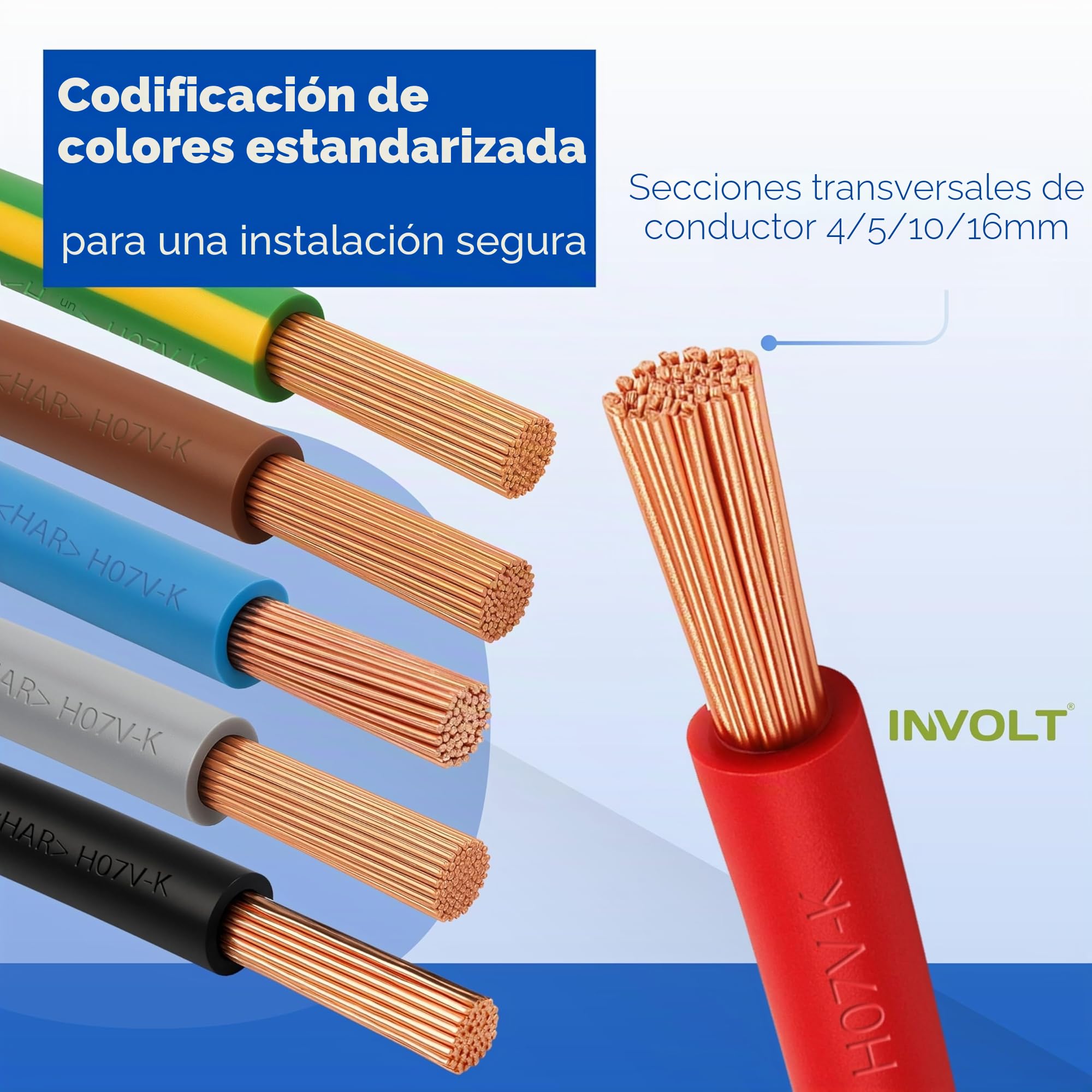 INVOLT Juego de Cables H07V-K con 100 Punteras Estanadas, Cable de Cobre 10 mm², 3 x 15 m Cables Individuales, Negro, Azul, Verde-Amarillo, Conforme VDE, Fabricado en Alemania
