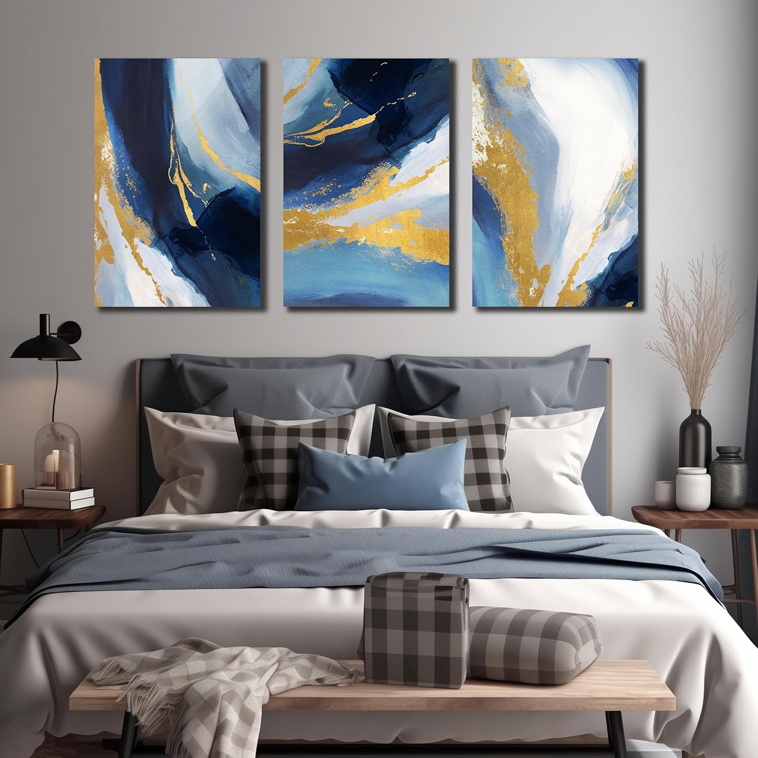 dnieotu abstract wall art for living room, blue and gold canvas picture prints wall-decor for bedroom, size 24 x 36 inches 3-pieces abstract-53 24"l x 36"w