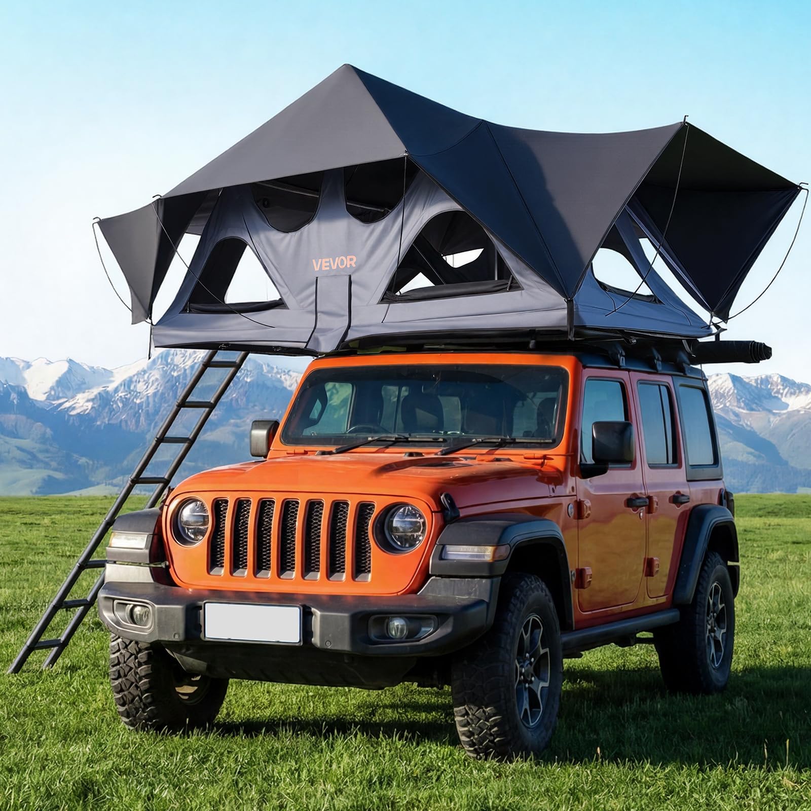 VEVOR Tente de Toit pour Voiture Pliable, Tente de Toit à Coque Rigide pour 2-3 Personnes, pour Camping Caravane SUV, en Aluminium, Étanche et Coupe-Vent, avec Éclairage LED, Matelas et Fenêtres