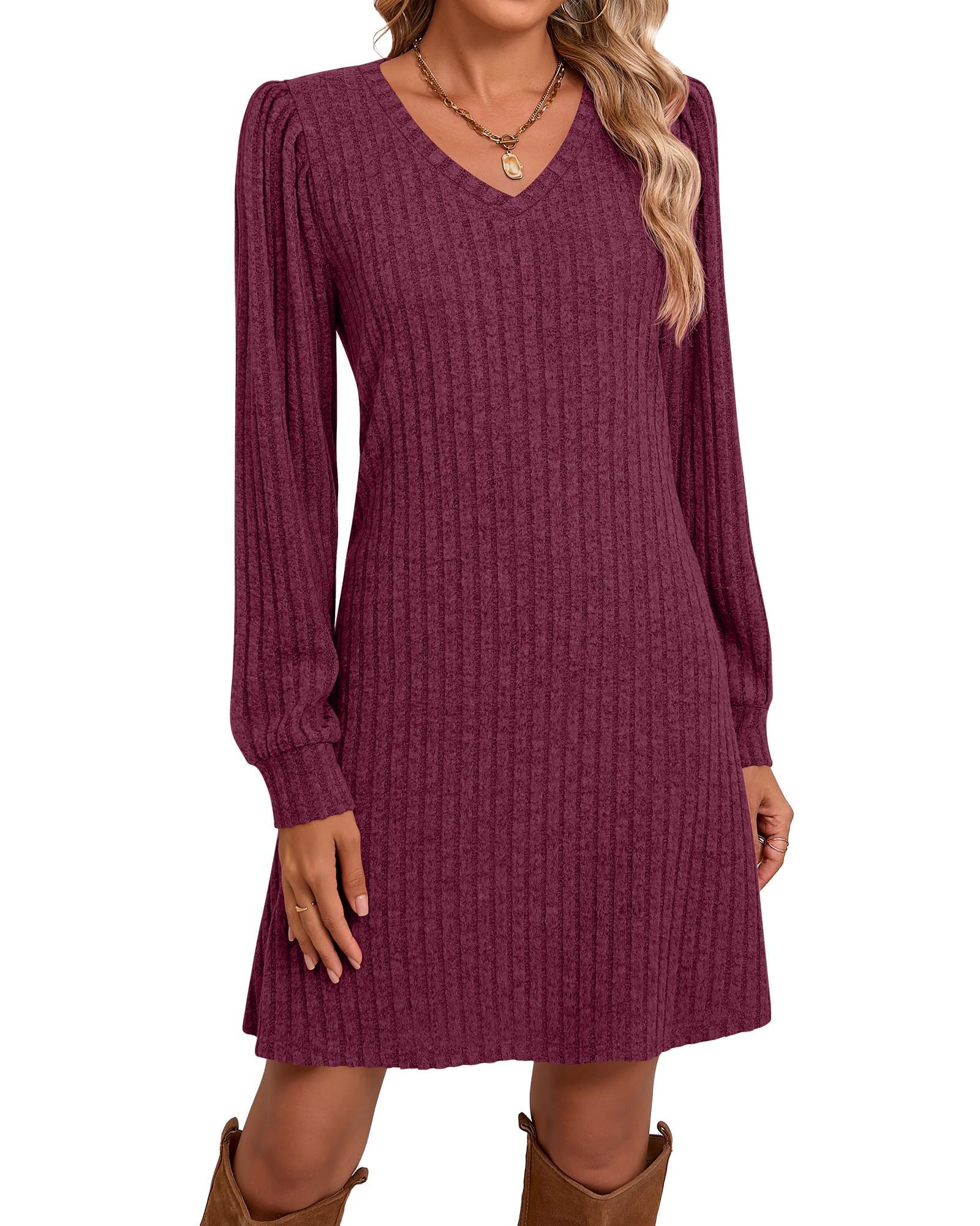 Ficerd Womens Knit Long Sleeve Sweater Dress Casual V Neck Tunic Dresses Fall Trendy Outfits