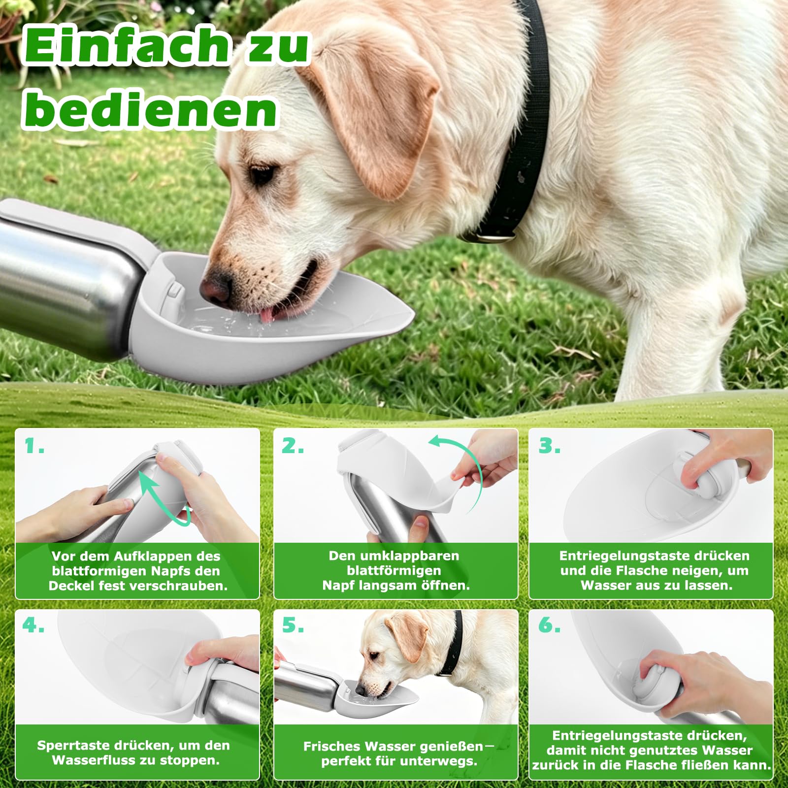 Nepfaivy Trinkflasche Hunde für Unterwegs Edelstahl 800ml - Auslaufsichere Hundetrinkflasche für Unterwegs mit Drucktaste, Tragbare Wasserflasche für Alle Hunde zum Reisen, Wandern und Campen, Weiß