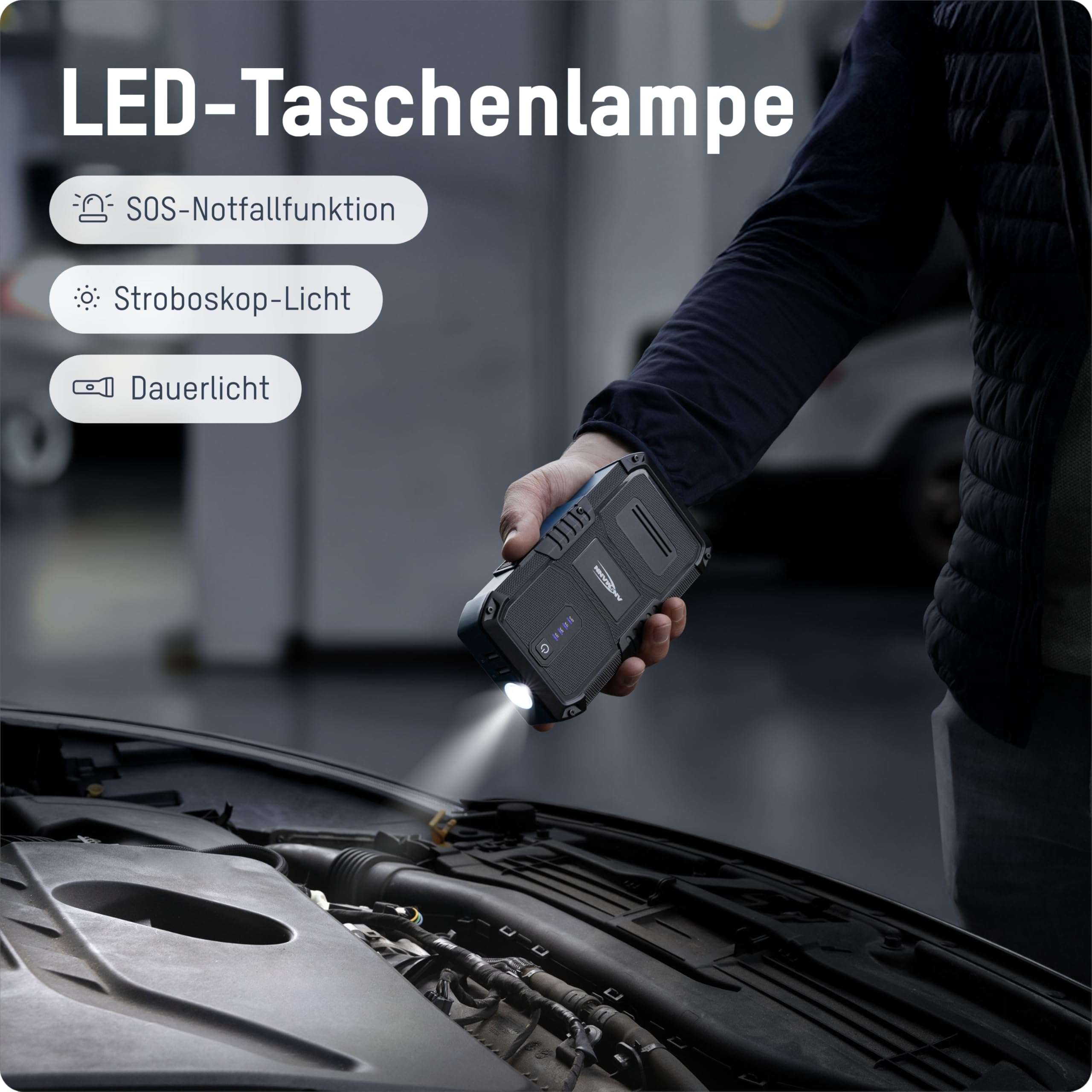 ANSMANN Starthilfe-Powerbank, 1500A, 12V Fahrzeugbatterien, kompakte Starter-Powerbank für Auto, Motorrad & Boot, mit Taschenlampe, 6L Benzin 3L Diesel, schwarz, blau