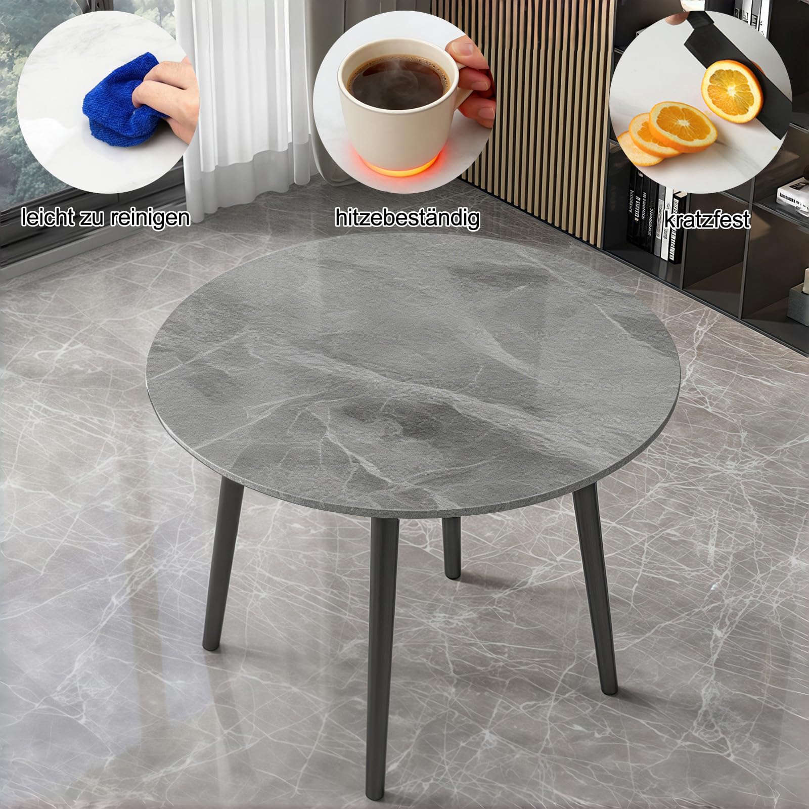 Runder Esstisch und 4 Stuhl Essgruppe 5-Teilig, Küchentisch Set für 4 Personen Moderne Sitzgruppe für Küche, Esszimmer, Wohnzimmer und Büro Grau