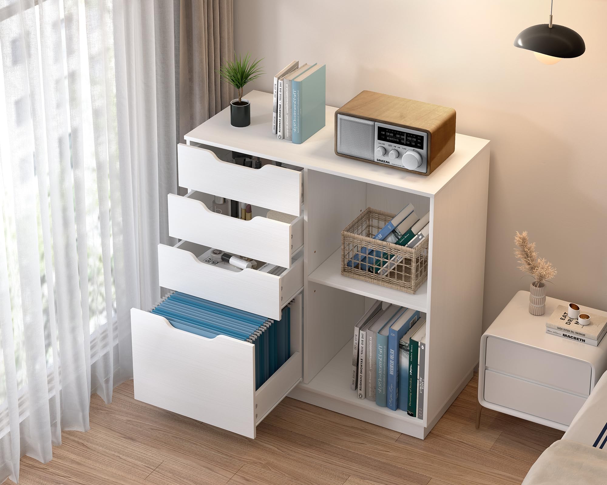 EasyPAG Archivador Lateral de Madera con 4 Cajones Soporte Impresora para Oficina y Hogar Cajonera Escritorio Almacenamiento Papel A4,Blanco
