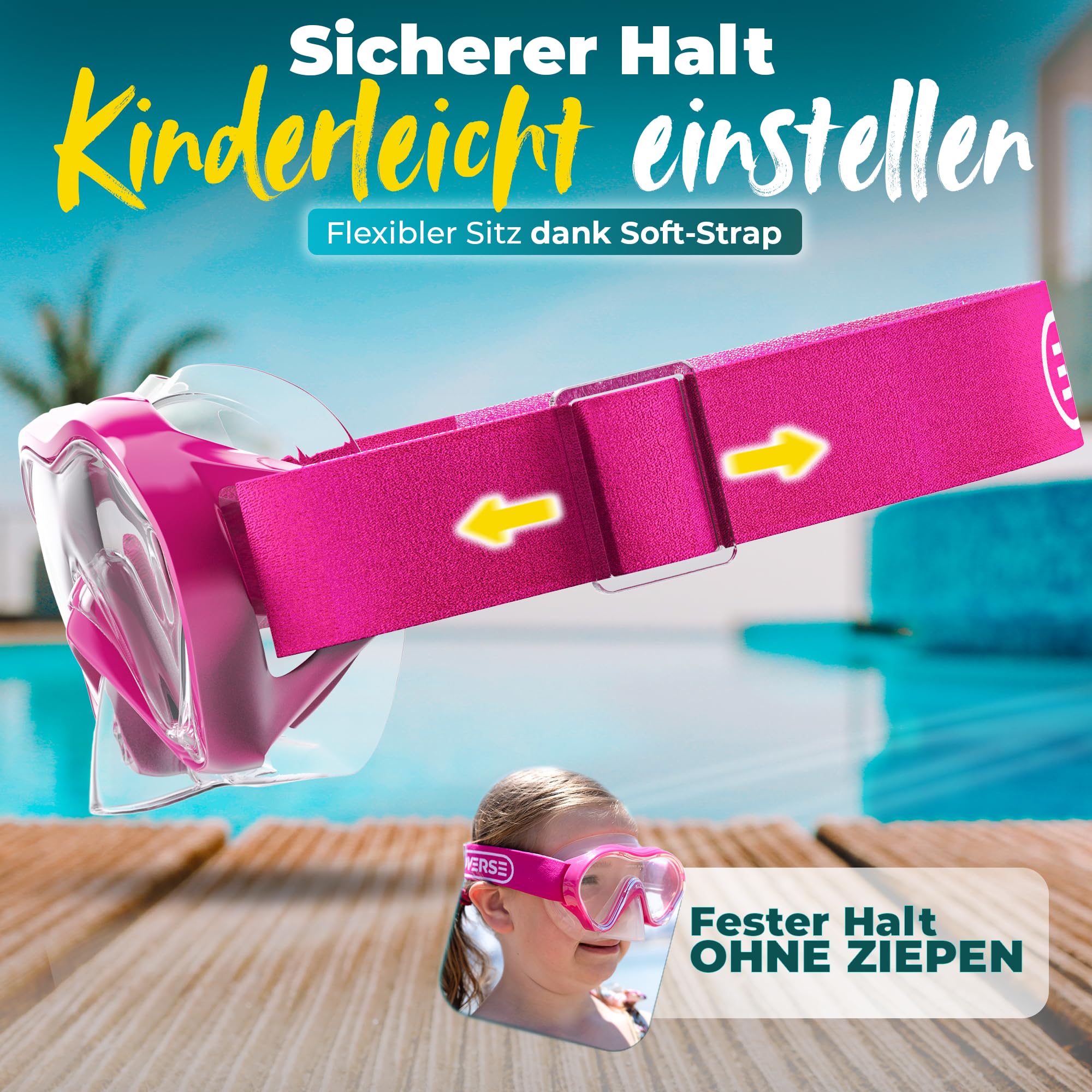 KIDVERSE Taucherbrille Kinder mit Nase - CE & Dermatest geprüfte Kinder Taucherbrille mit Stoffband oder Silikonband - Tauchmaske ab 5 Jahre für Mädchen & Jungen - Bequeme Kindertaucherbrille