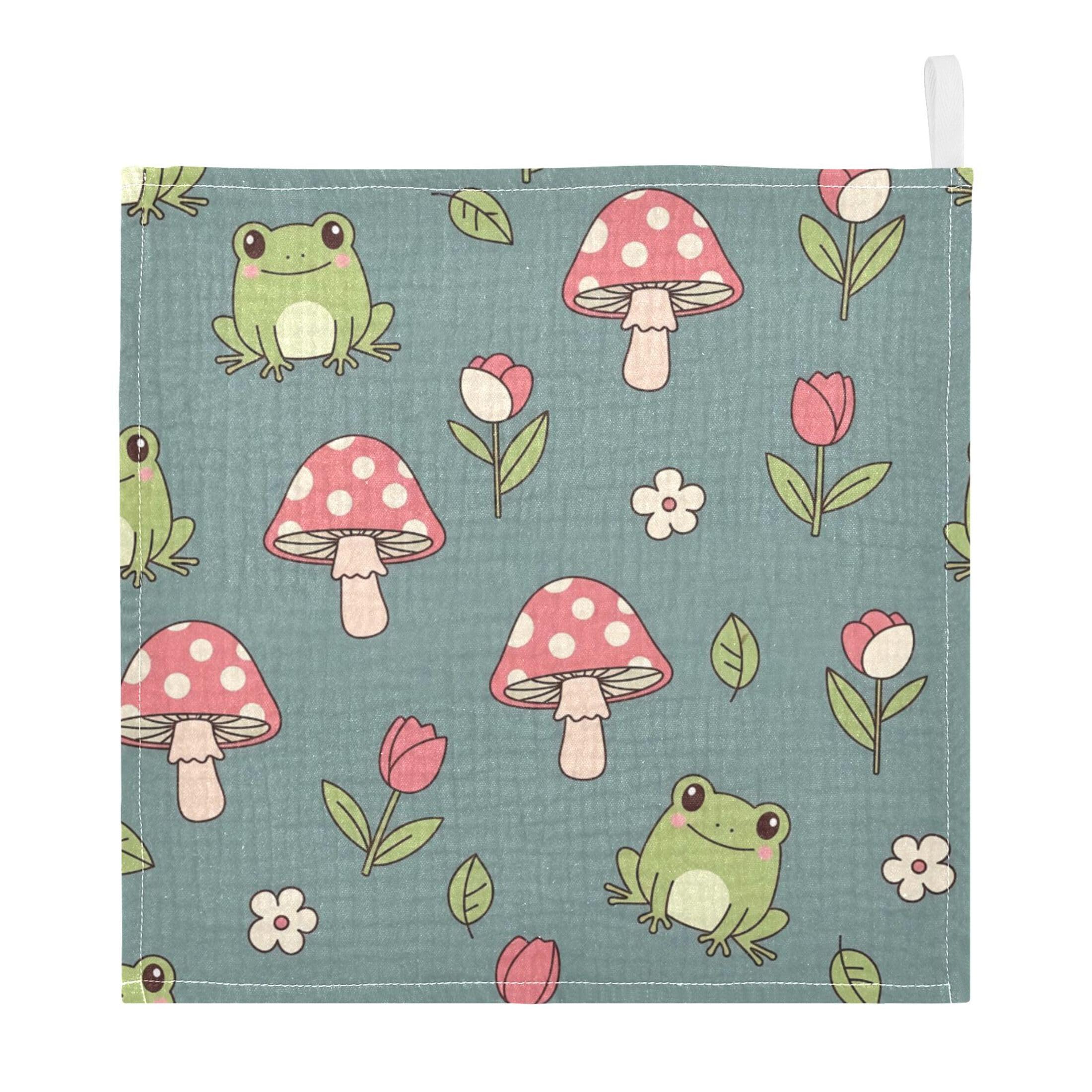 Fuauuyl Mushrooms Frogs Baby Muslin Washcloths Cotton Absorbent Soft Burp Cloths for Newborns Infants Toddlers, Reusable Face Towels for Sensitive Skin, 3 Pack, 12x12 in