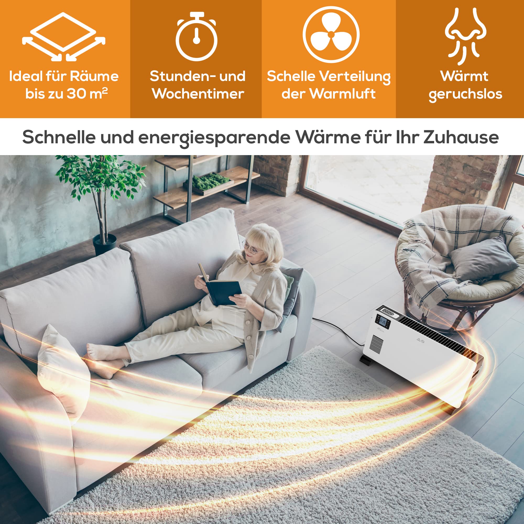 Tronitechnik® Elektroheizer Konvektor-Heizung mit 3 Heizstufen 1000/1300/2300 Watt, Elektroheizung mobi, Heizkörper mit Griffmulde, Timer, Thermostatsteuerung, Standheizung energiesparend