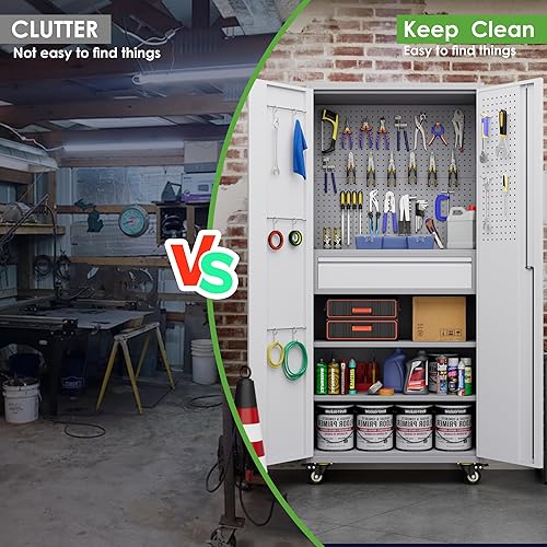 Miniatura 86 de Armario de almacenamiento de metal con tablero de clavijas de 31.5 x 31.5 x 16.5 pulgadas, armario de almacenamiento de acero con cerradura con 5