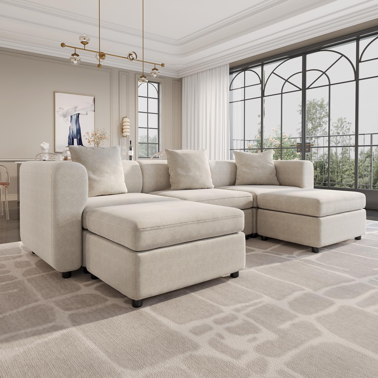 115.74" U Shaped Modular Sectional Sofa with 3 Pillows, Upholstered Sectional Couches for Living Room, Modern Comfy 5-Seater Couch with Storage Ottoman, Deep Seat Sofa with Chaise, Beige