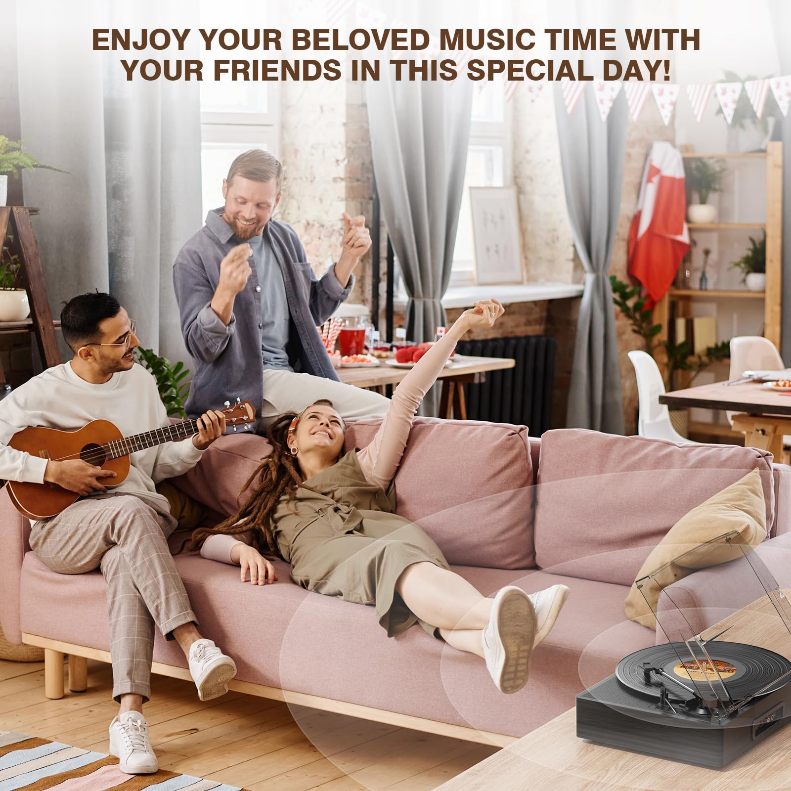 Giradischi per vinile con 2 altoparlanti integrati, giradischi in vinile LP con trasmissione a cinghia vintage 3 velocità 3 dimensioni, riproduzione wireless Bluetooth, ingresso AUX, uscita RCA