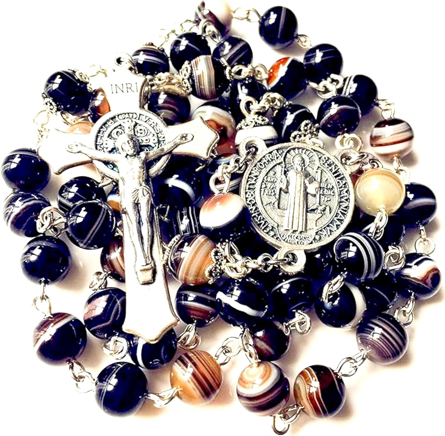 elegantmedical Natural AGATE Beads Saint St. BENEDICT Rosary Necklace Box Cross Catholic Gift