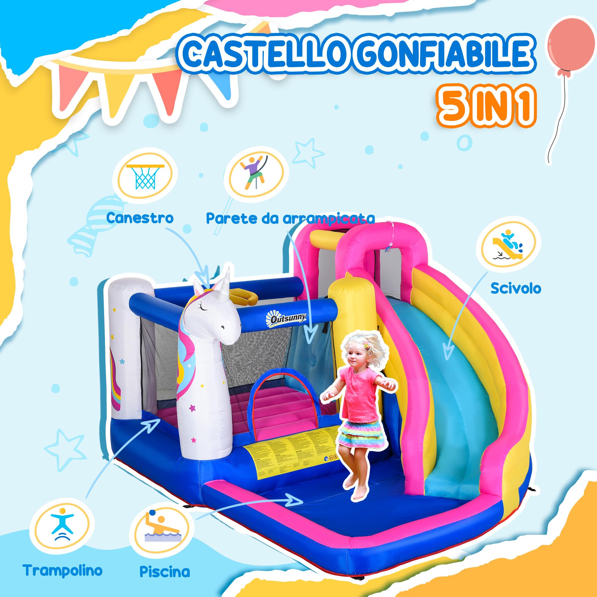 Outsunny Castello Gonfiabile per Bambini 4 in 1 con Trampolino, Scivolo, Piscina, Canestro Basket, Gonfiatore, Borsa da Trasporto, Tema Unicorno, Gioco Gonfiabile per 3 Bambini 3-8 Anni, 360x305x210cm