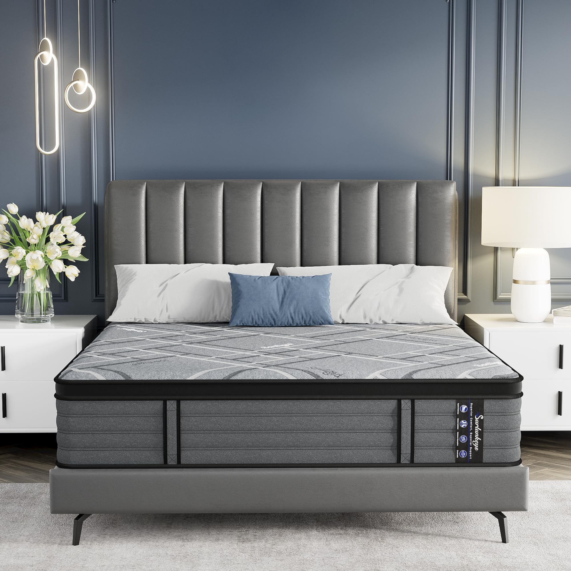 SURLUNKEYS King Size Mattress Hybrid 14 Inch Gel Foam with Enhanced Edge Support Pocket Coils Medium Feel, Grey