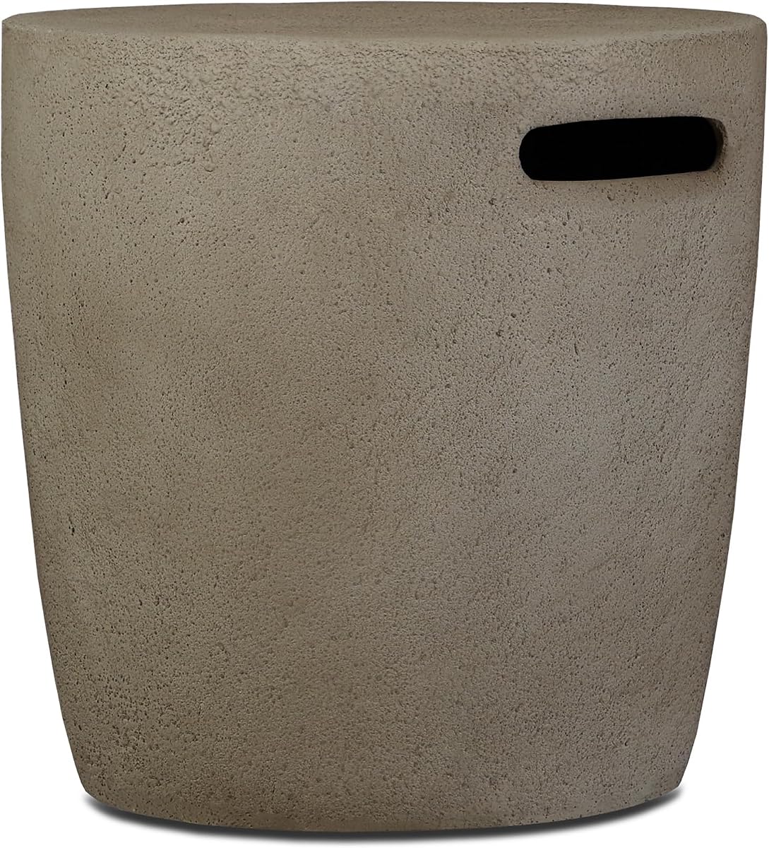 Real Flame Riverside - Cubierta redonda para tanque de propano y mesa auxiliar para exteriores, mesa escondida de almacenamiento para tanque de propano de 20 lb para fogatas de gas, ligera, resistente a la intemperie, color gris glaciar
