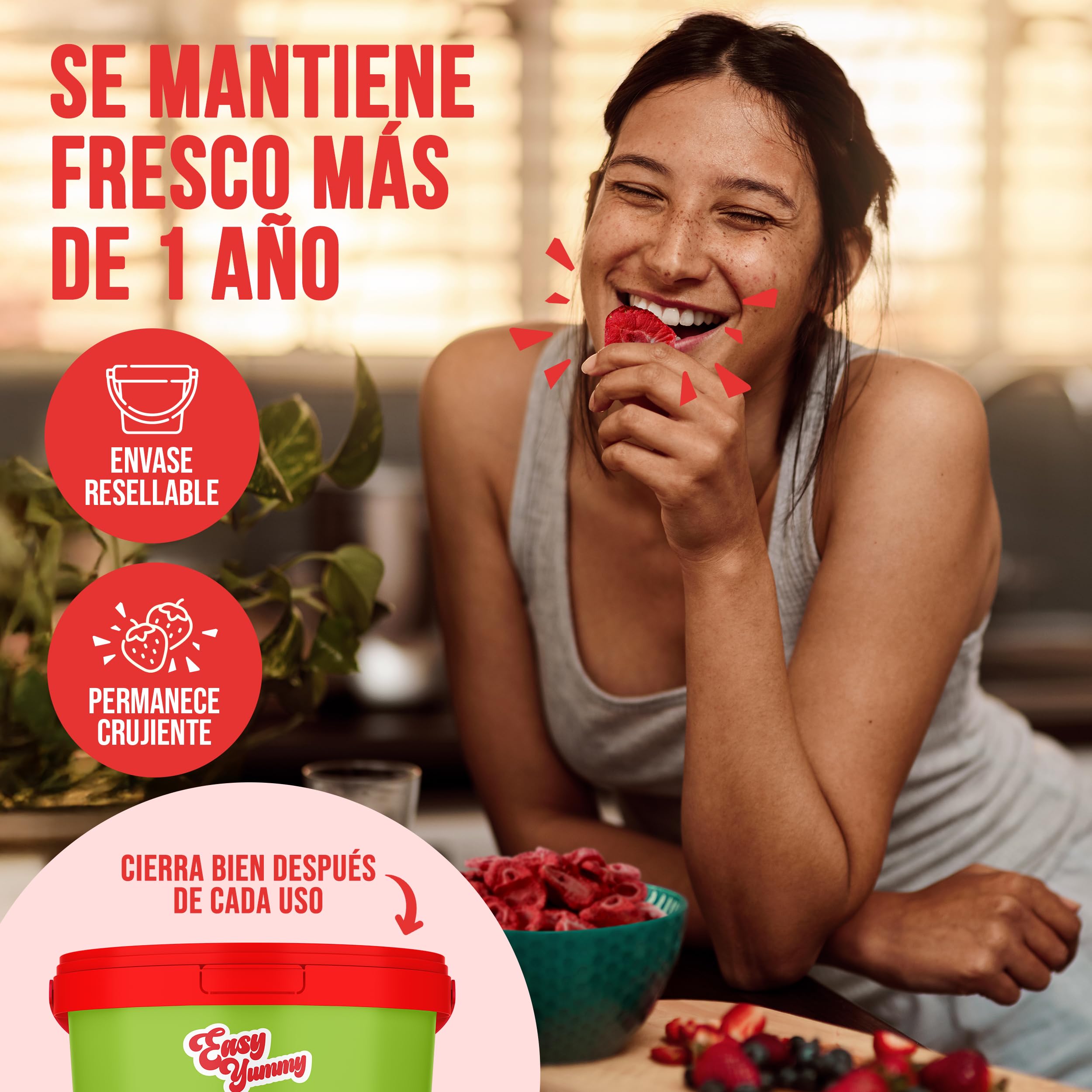 EASY YUMMY - Fresas liofilizadas (300 g), fresas deshidratadas 100% crujientes sin azúcares añadidos, perfectas para aperitivos, muesli y repostería.