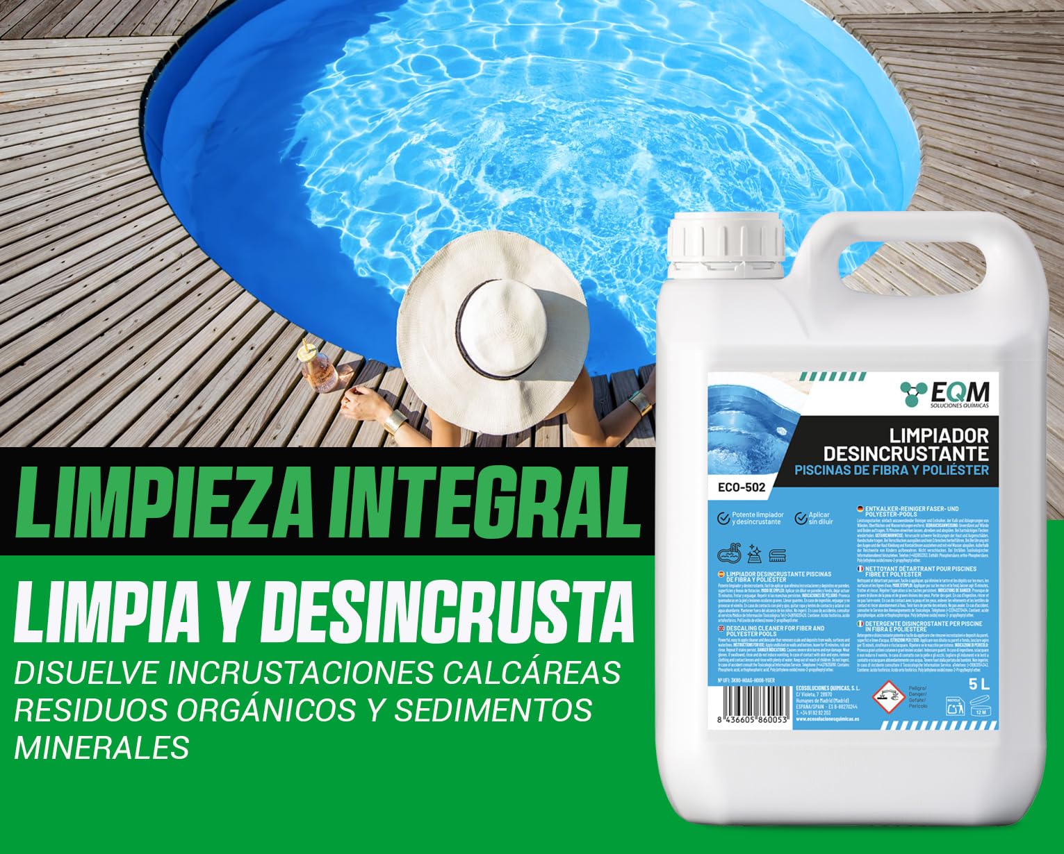 EQM - ECO-502 - Limpiador Desincrustante Piscinas Fibra-Poliéster - 5L - Limpieza del Vaso, Bordes y línea de flotación - Elimina Todo Tipo de Incrustaciones