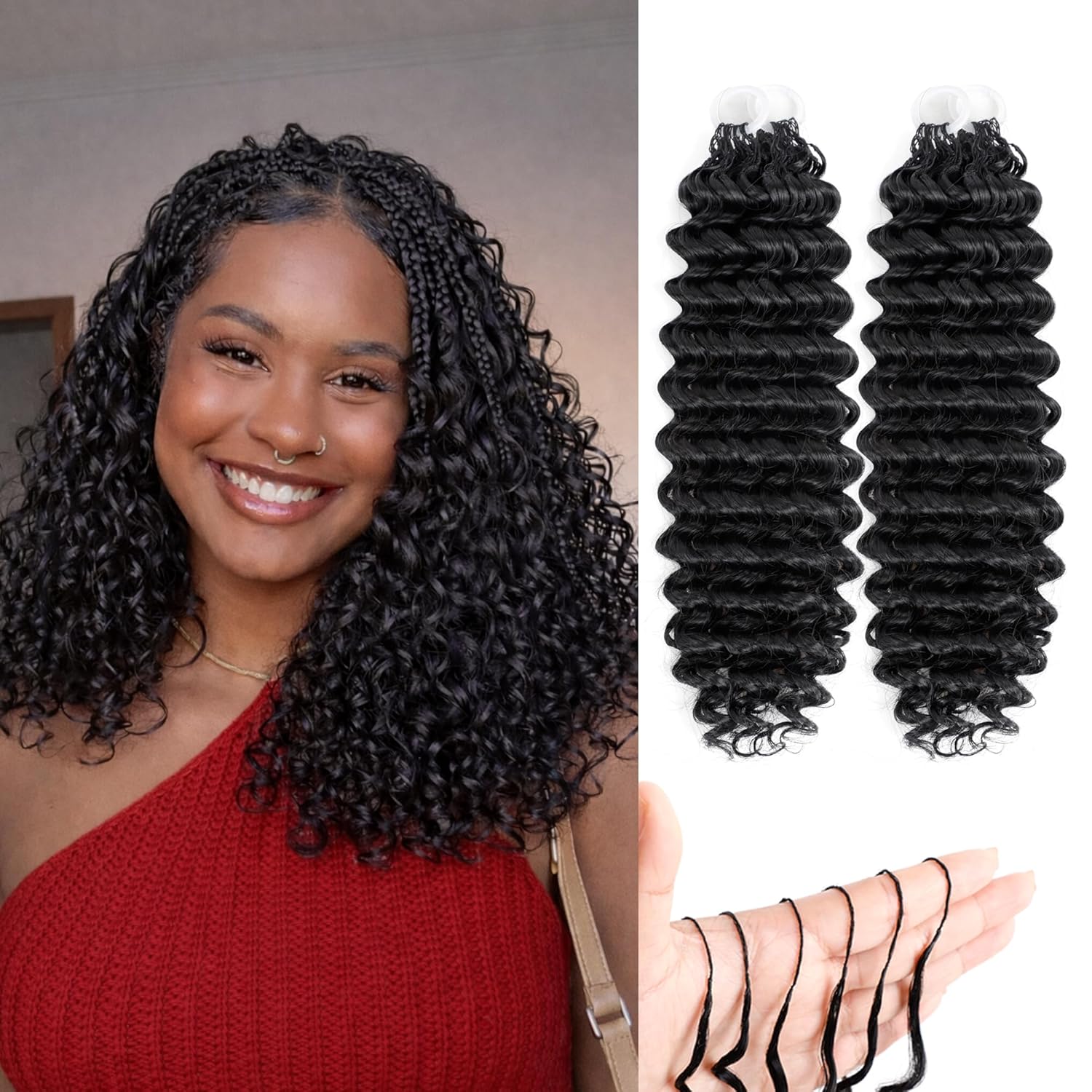 Feather Crochet Hair For Black Women, 100 Strands 120g Synthetic Deep Wave Pre-Separated Crochet Hair for Miracle Knots,Invisible Burmese Curly Hair Extensions (1B, 12 Inch(200Strands))