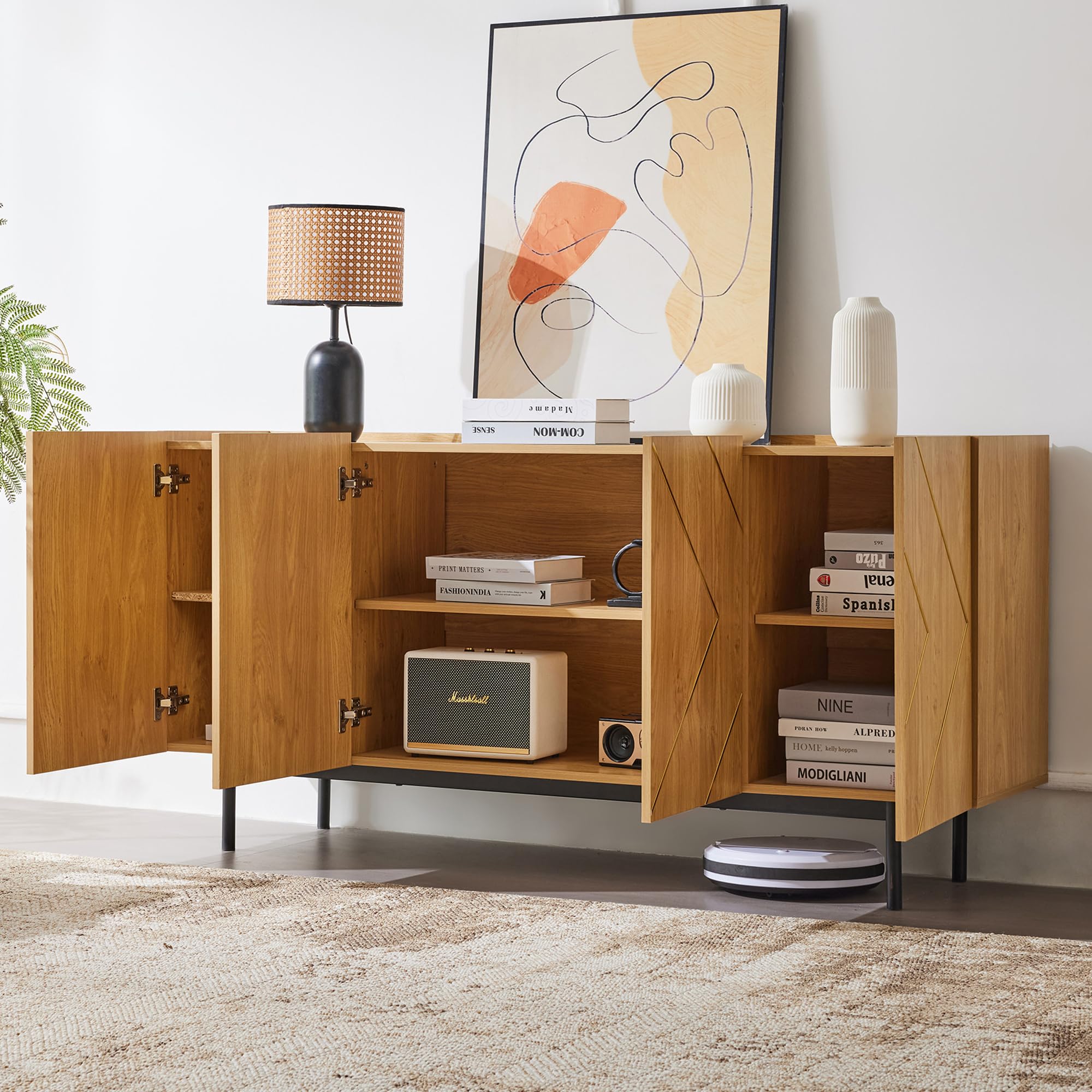 Merax Sideboard Holz Kommode mit 4 Türen,rustikal Sideboard Küchenschrank Buffet,Anrichte Beistellschrank Standschrank,Naturholz, H78/B160/T40 cm