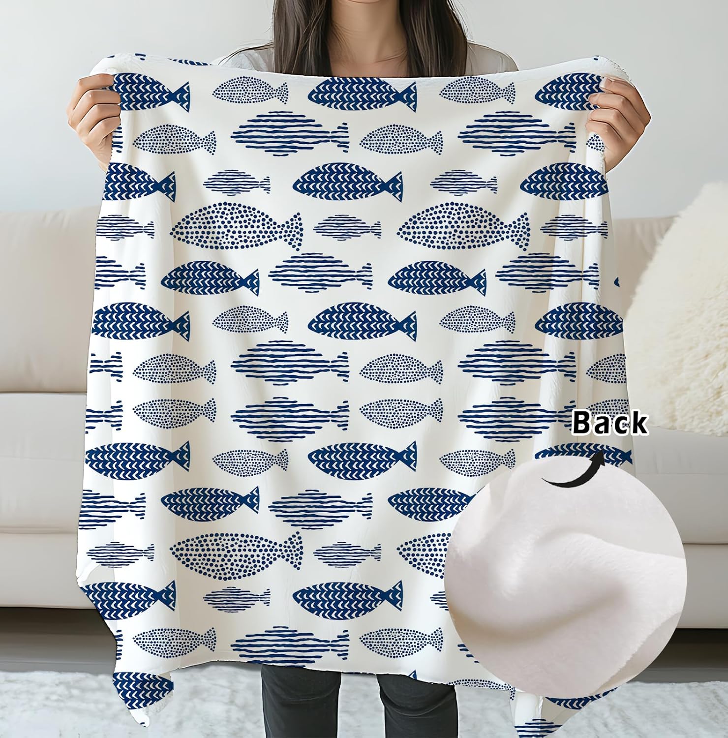 SPBL&L Coastal Beach Fish Blanket, Blue and White Nautical Ocean Fish Throw Blanket for Bed Couch Bedroom Living Room, Beach House Decor, Gifts for Fishing Lovers