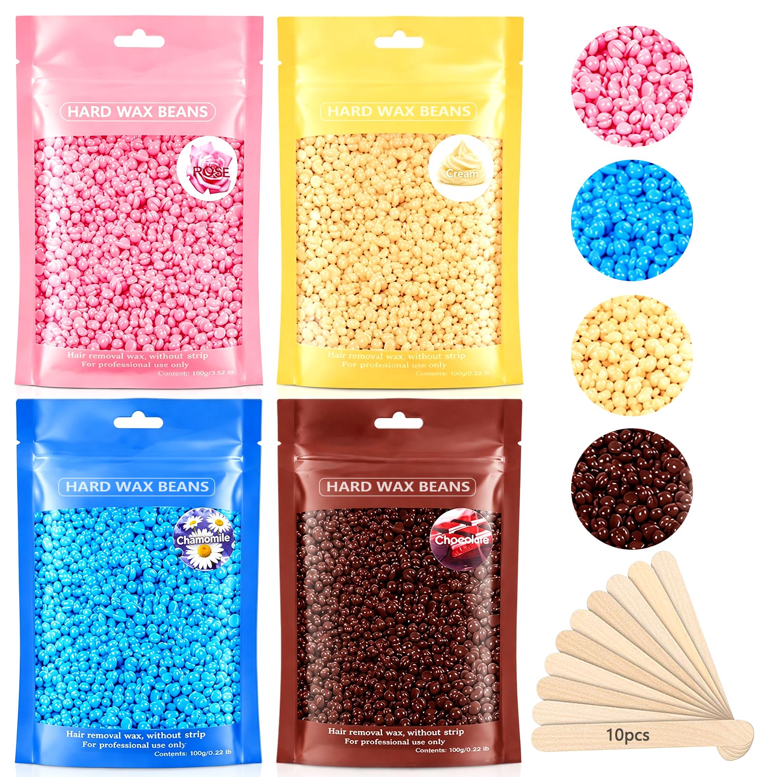 Wachsperlen, Wachswärmer Haarentfernung 4 Stück Harte Wachsen Bohnen & 10 Stück Applikator Sticks für Ganzkörper Enthaarung, Heißwachs, Brazilian Waxing, Beine, Gesicht und Arme