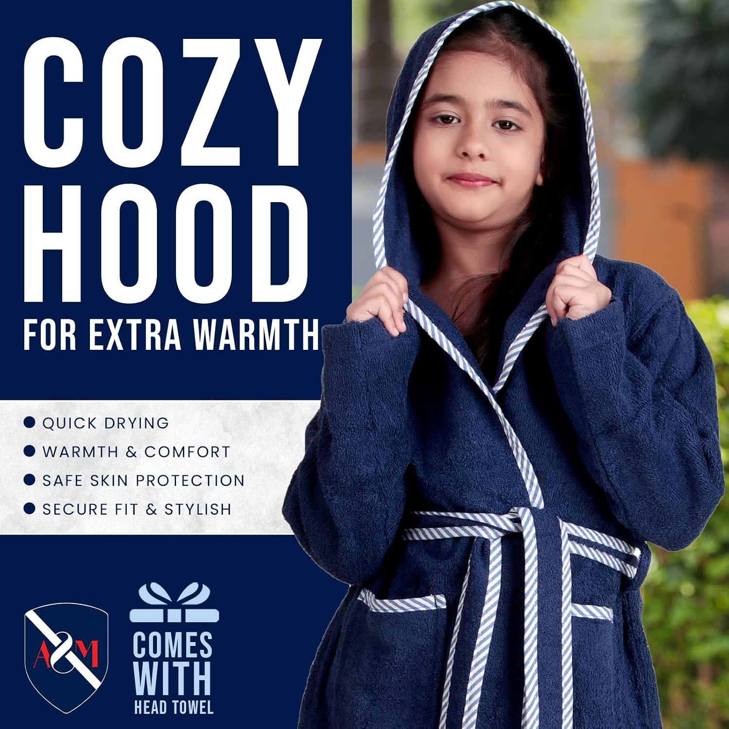 ALLEN & MATE 100% Cotton Kids Bathrobe with Piping – Hooded Towels for Kids, Medium Weight Absorbent Robe for Boys & Girls