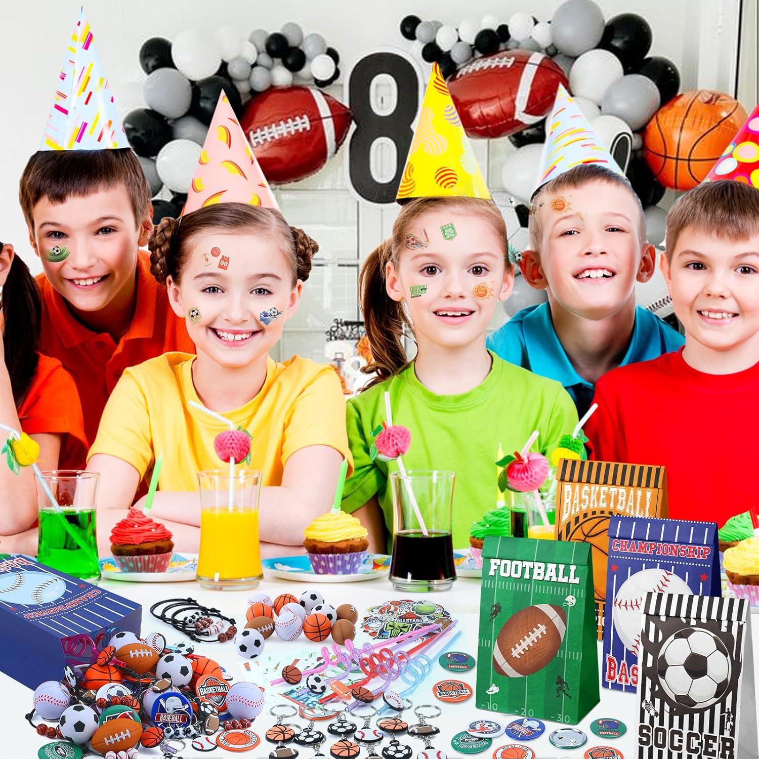 132PCS Sports Party Favors Set Baseball Soccer Basketball Football Birthday Supplies Straws Stress Ball Goodie Bags Stuffers Boys Kids Gift Prize Stickers Keychain Tattoo Badge Sports Party Supplies