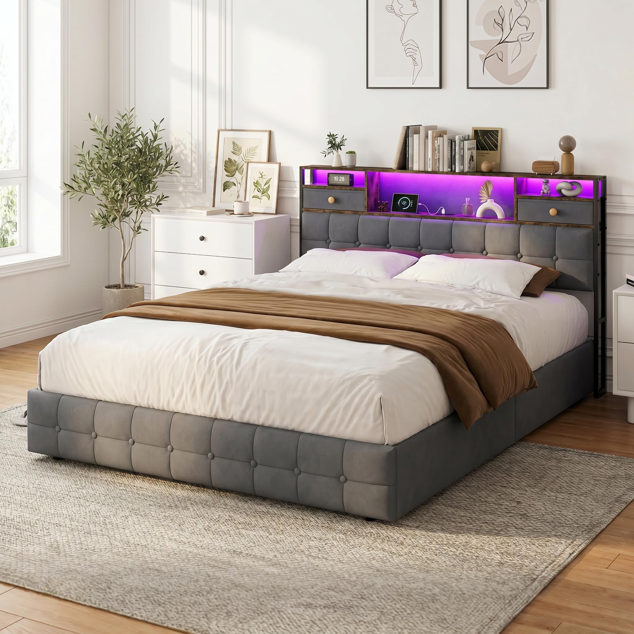Cama maletero de 160 x 200 cm, LED/USB cama de 2 plazas, cabecera con 2 cajón, aplicable para familias, búsqueda de almacenamiento óptimo, privilegiante ambiente y espacio limitado (gris, 160 x 200 cm