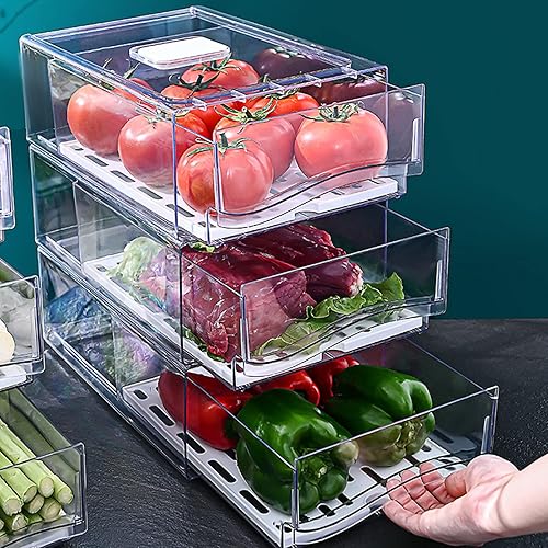 Cajones para nevera, organizadores de refrigerador con cajón extraíble, juego de cajones apilables para refrigerador para ahorrar espacio vertical,