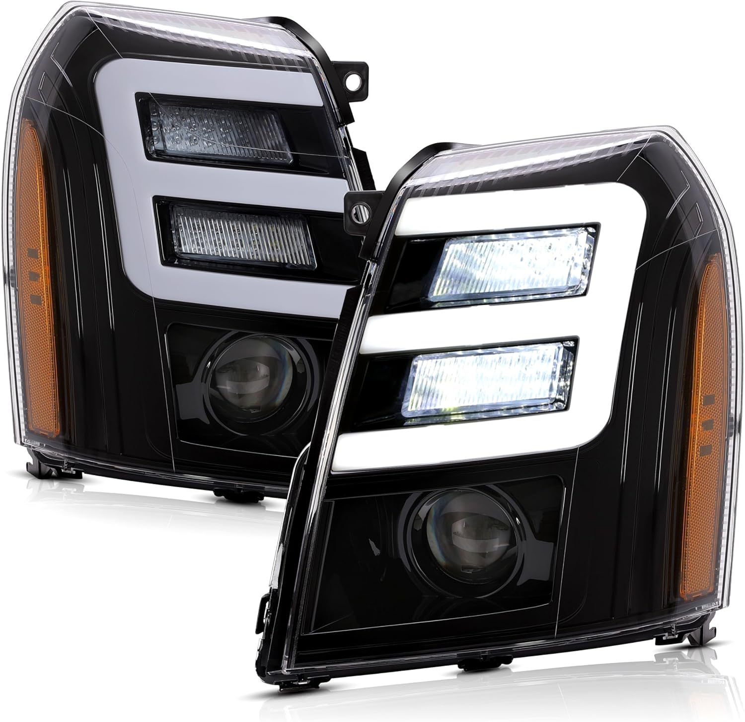 HECASA Headlight Compatible with 2007-2014 Cadillac Escalade w/LED Tube Day Running Light LED Projector