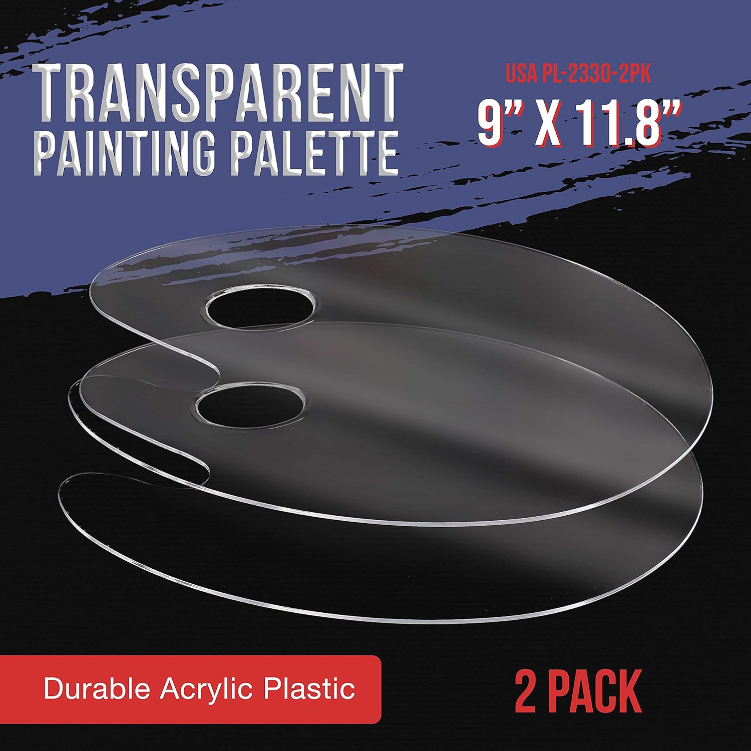 U.S. Art Supply 9.5" x 13.8" Clear Oval-Shaped Acrylic Painting Palette - Transparent Plastic Artist Paint Color Mixing Tray - Non-Stick, Easy Clean, Mix Acrylic, Oil - Adults, Kids, Students Crafts
