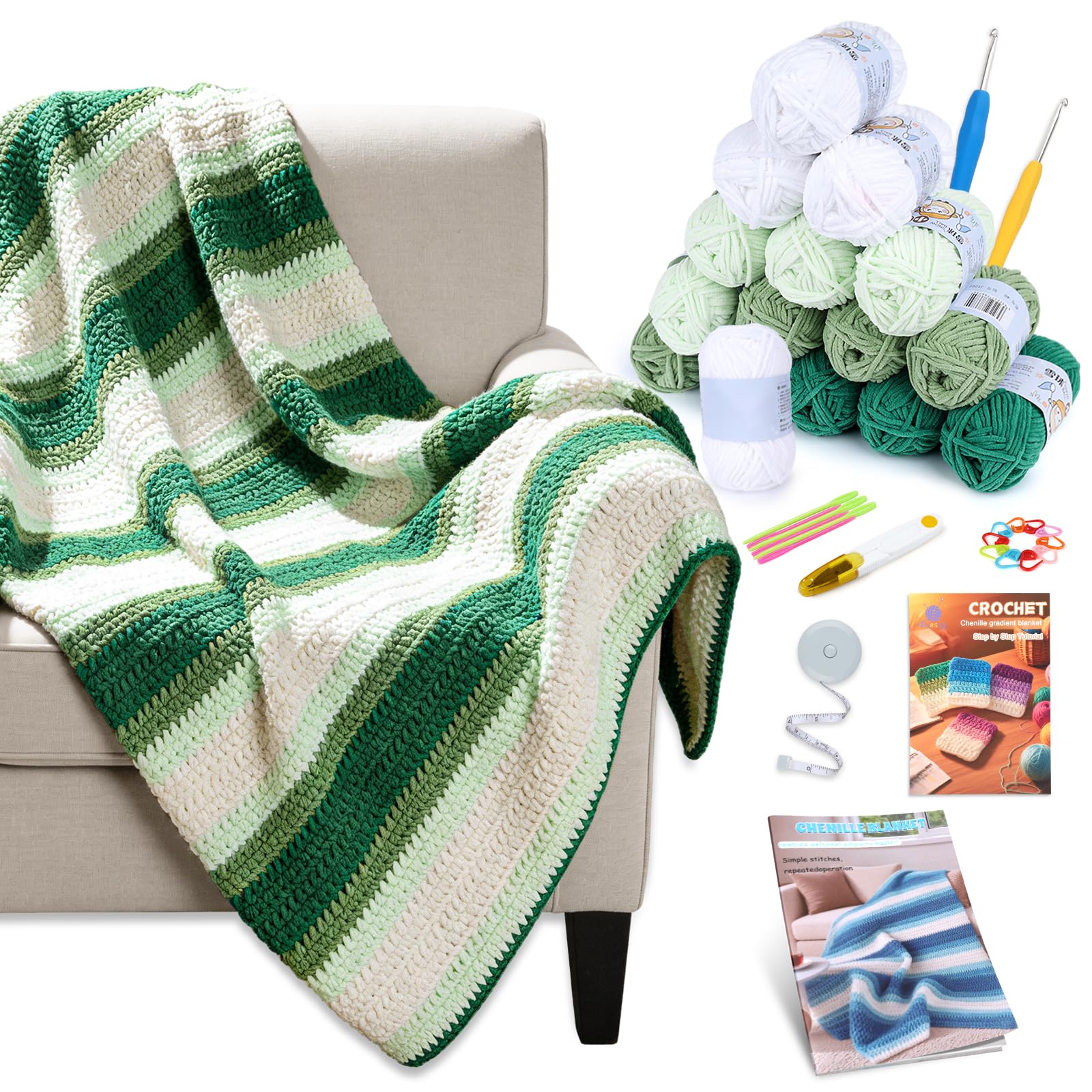 Reessy Crochet Blanket Kit for Beginners Adults & Kids – Gradient Green Ombre Throw Blanket Kit with Soft Chenille Yarn, Hooks & Instructions – Handmade Crochet Starter Set for Adults Kids