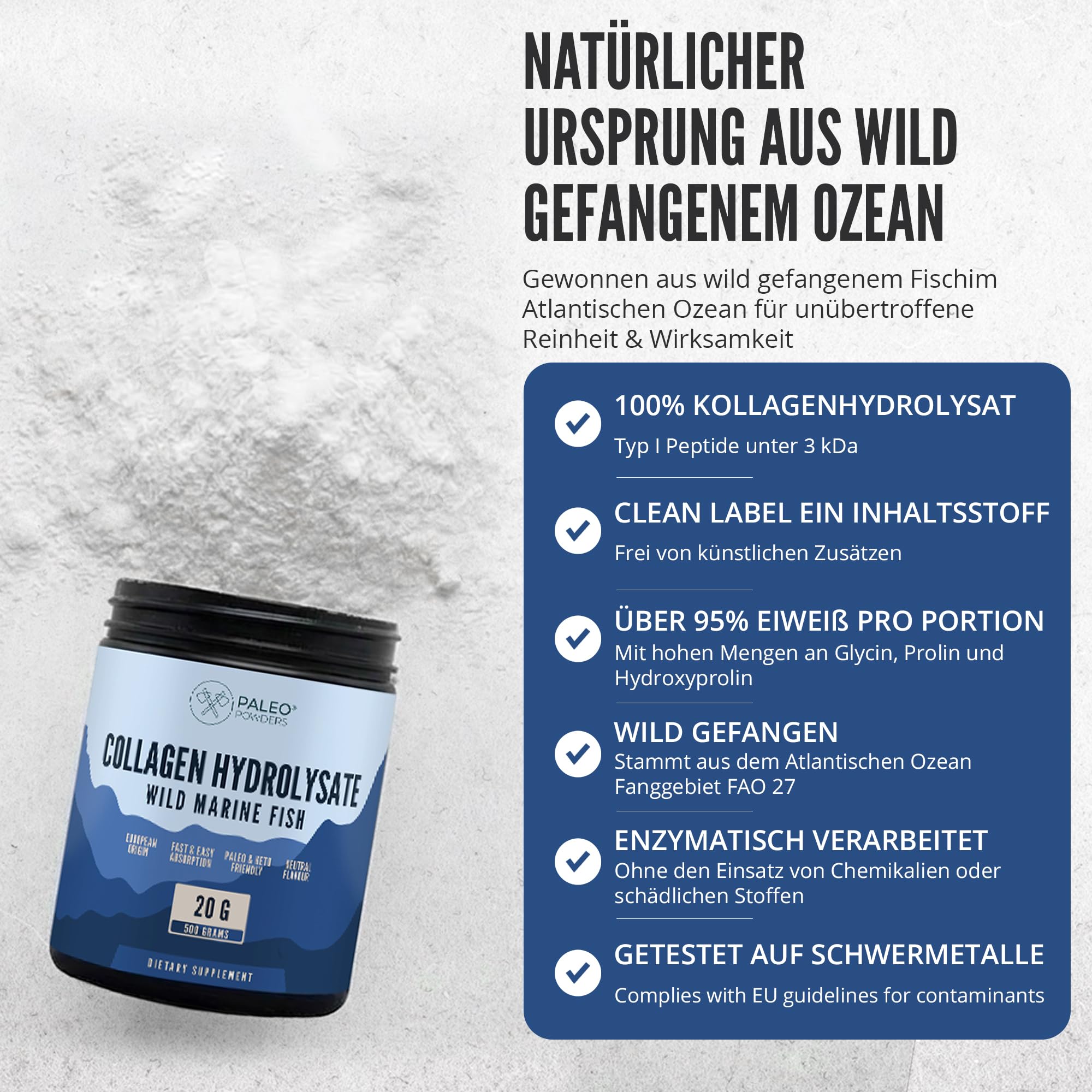 Poudre hydrolysate de collagène - Morue sauvage capturée d'Europe - 500 g