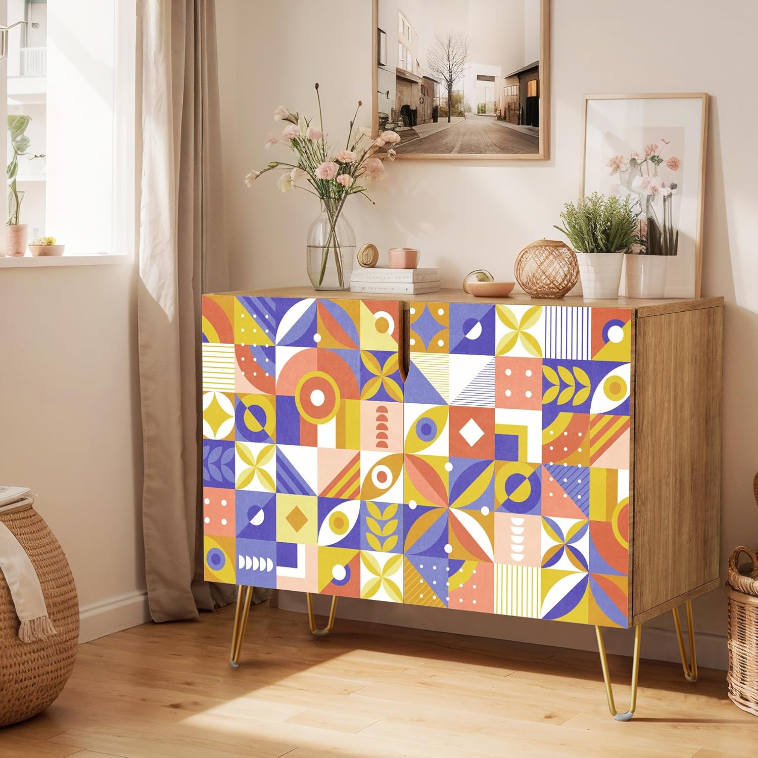 SIGNWIN Sideboard Buffet Cabinet, Kitchen Storage Cabinet with 2 Doors, Chinese Exotic Crane Bird, Cupboard Console Table for Dining Room - 35" L x 18" W x 29" H