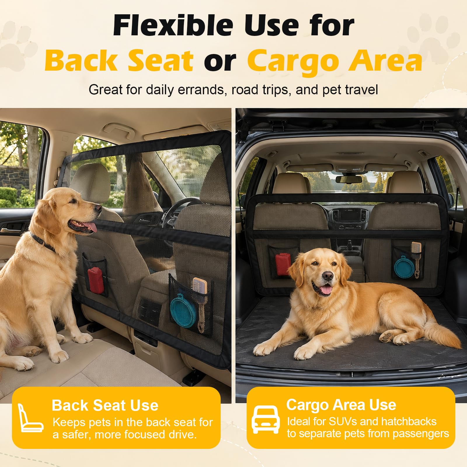 Grille de protection pour chien - Siège arrière et coffre - 127 x 142 x 81 cm - Filet de protection pour chien - Filet de protection renforcé et cadre en métal - Barrière universelle pour