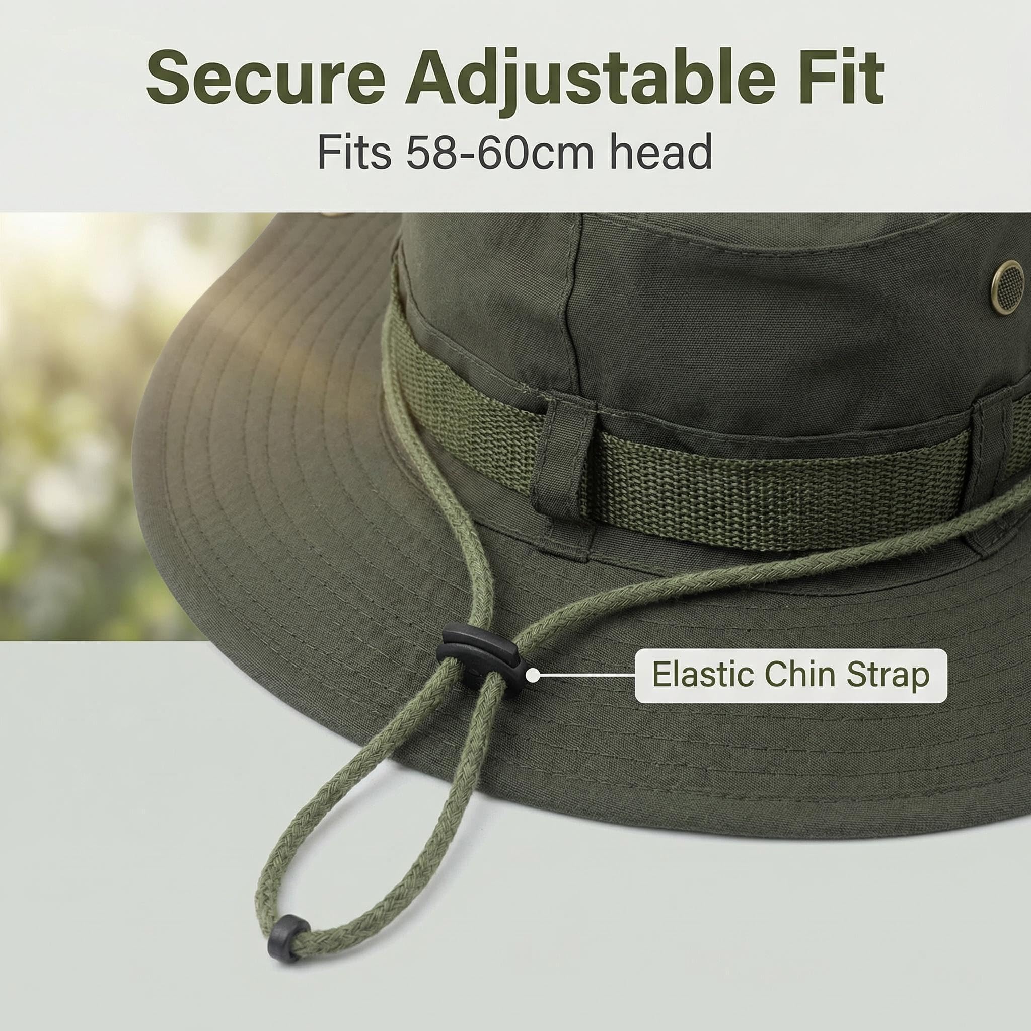 Verstellbarer Fischerhut für Herren und Damen, breite Krempe, faltbarer Safari-Sonnenhut, UV-Schutz, Dschungelhut mit Kinnriemen für Angeln, Wandern, Strand, Outdoor-Aktivitäten